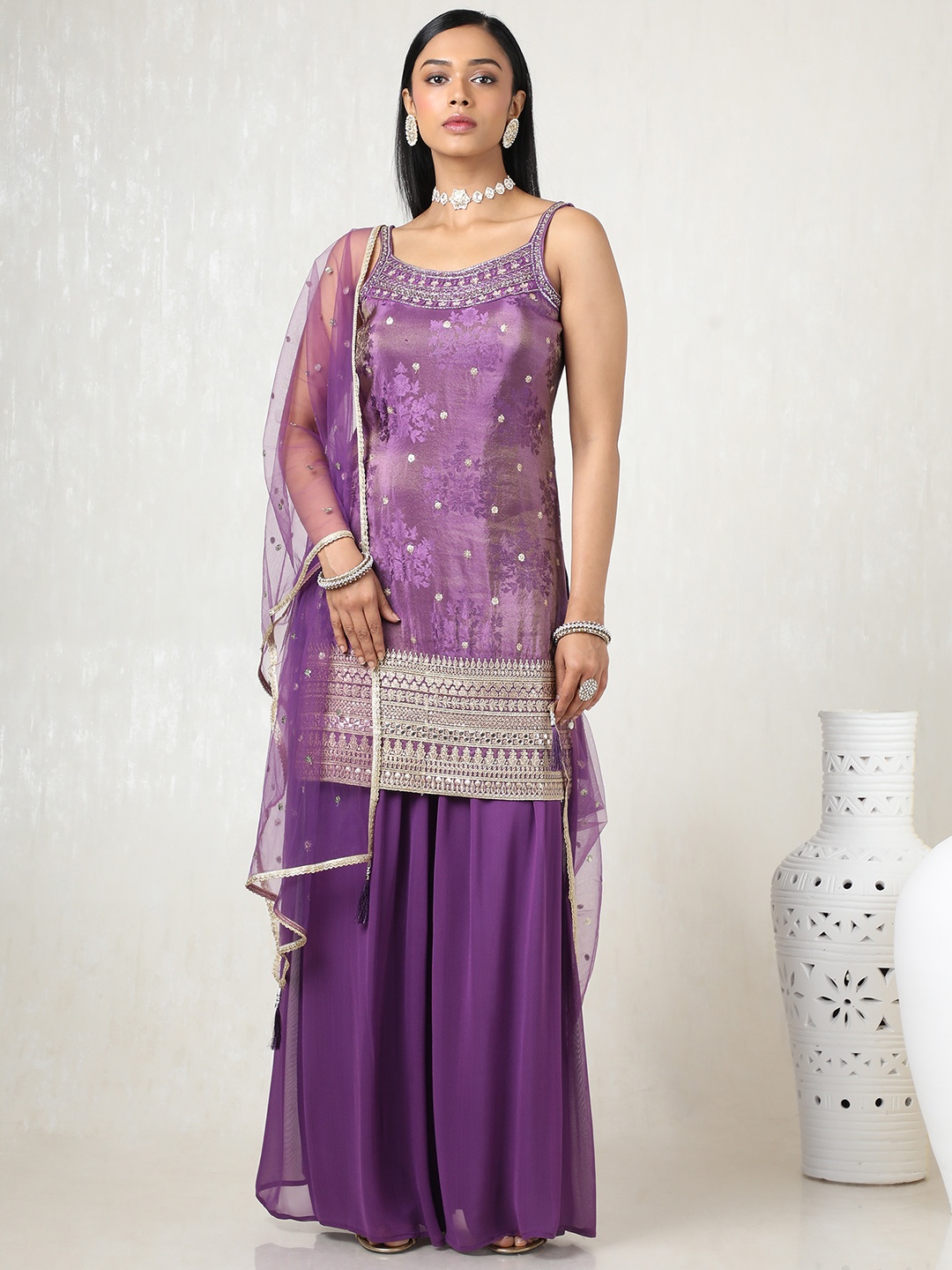 

Soch Women Embroidered Regular Sequinned Kurta with Palazzos & With Dupatta, Purple