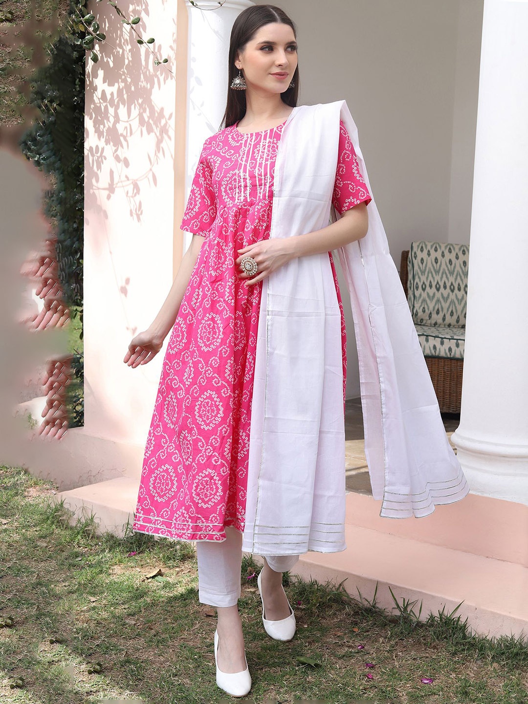 

KALINI Women Bandhani Printed Regular Kurta with Trousers & With Dupatta, Pink