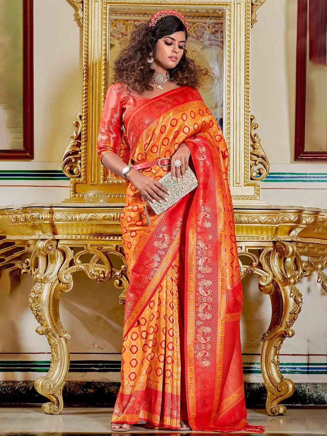 

FASHION STROM Woven Design Zari Silk Blend Banarasi Saree, Orange