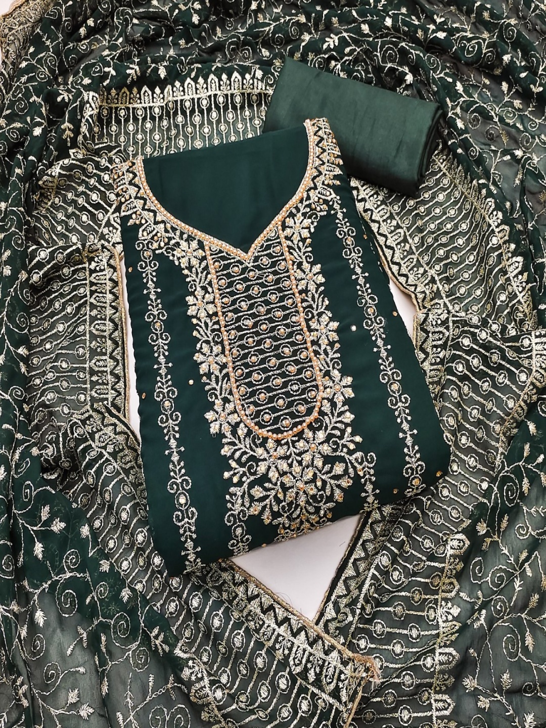 

KALINI Ethnic Motifs Embroidered Georgette Unstitched Dress Material, Green