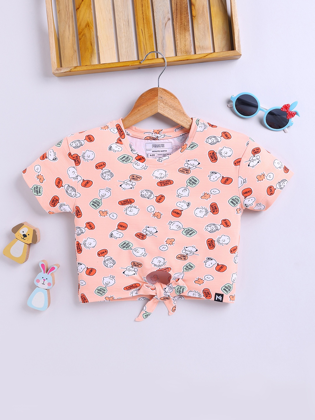 

YK X Minute Mirth Girls Printed Waist Tie-Ups Crop Top, Peach