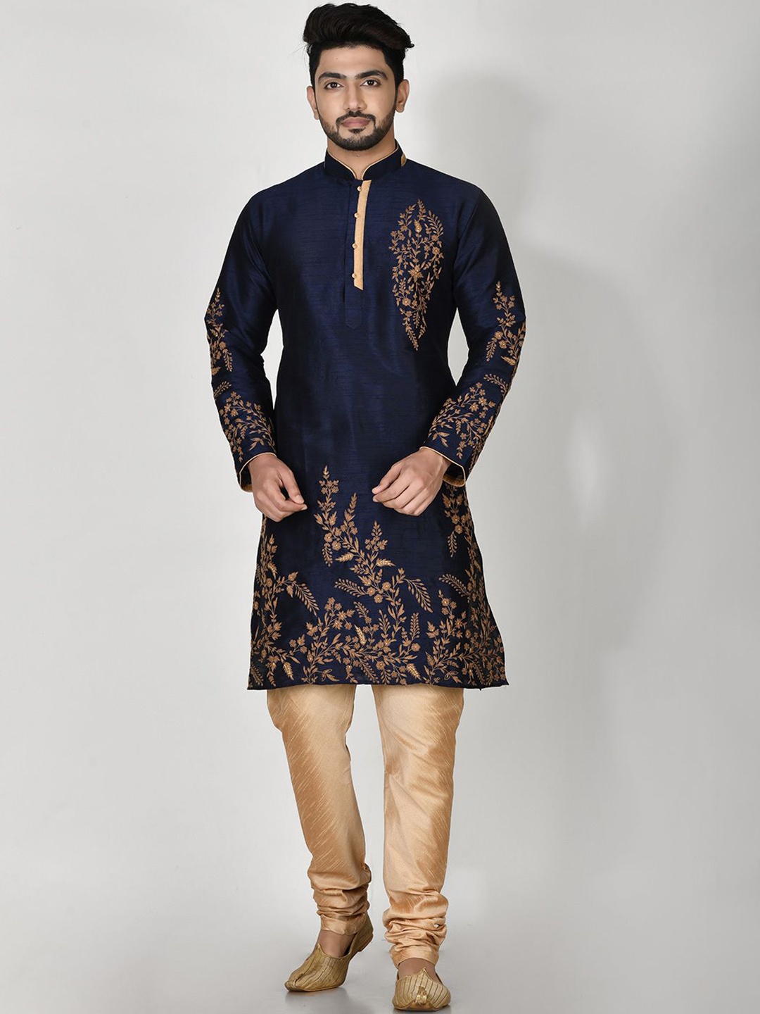 

RANAK Men Floral Embroidered Regular Thread Work Kurta with Pyjamas, Navy blue