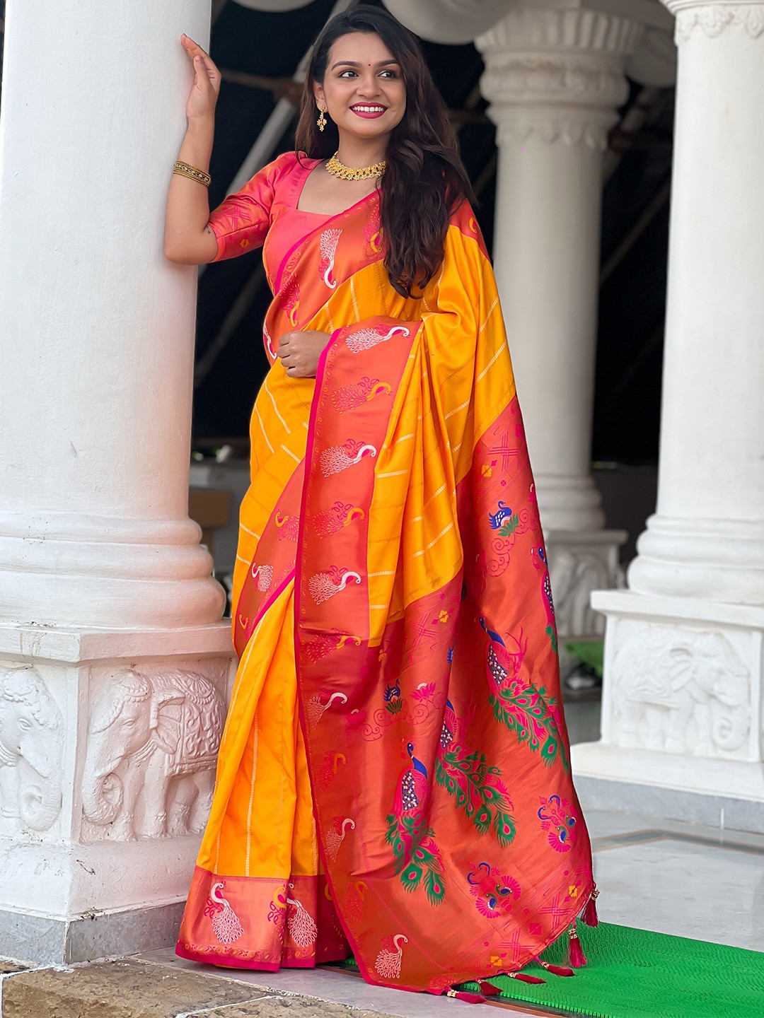 

Ekta Textiles Woven Design Zari Pure Silk Paithani Saree, Yellow