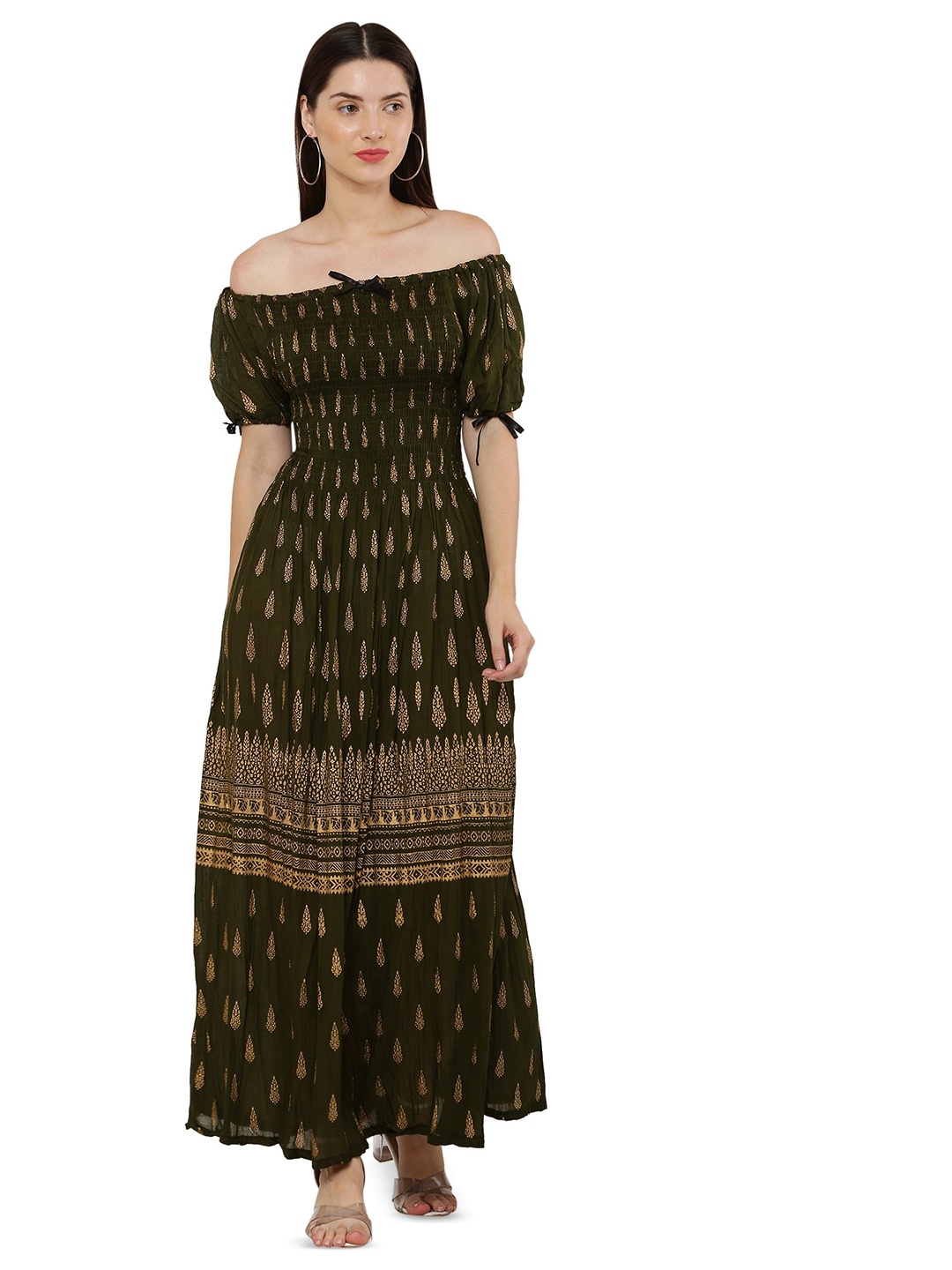 

YLCOMPANY Ethnic Motifs Print Off-Shoulder Maxi Dress, Black