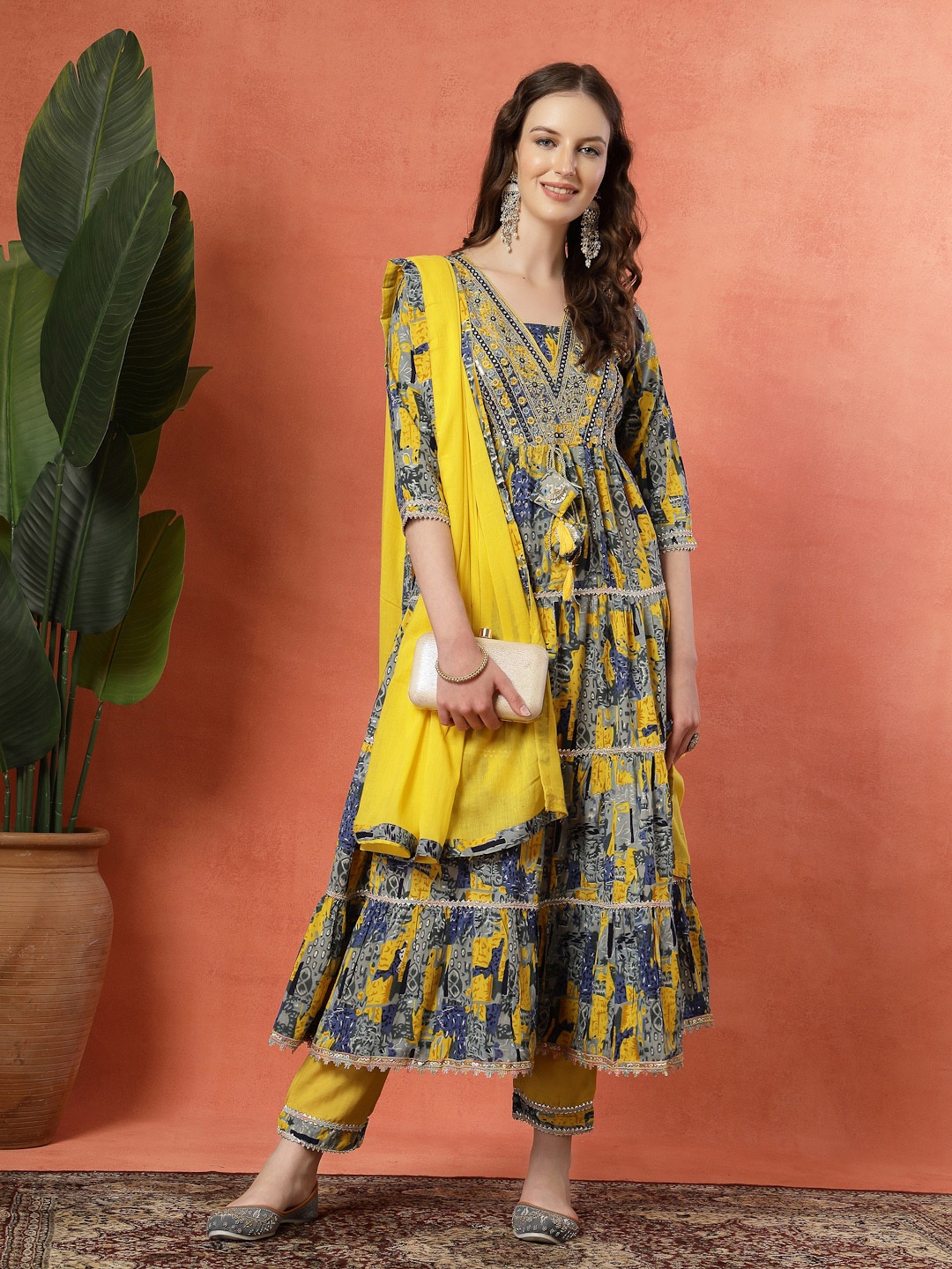 

KALINI Women Floral Embroidered Regular Kurta with Trousers & With Dupatta, Yellow