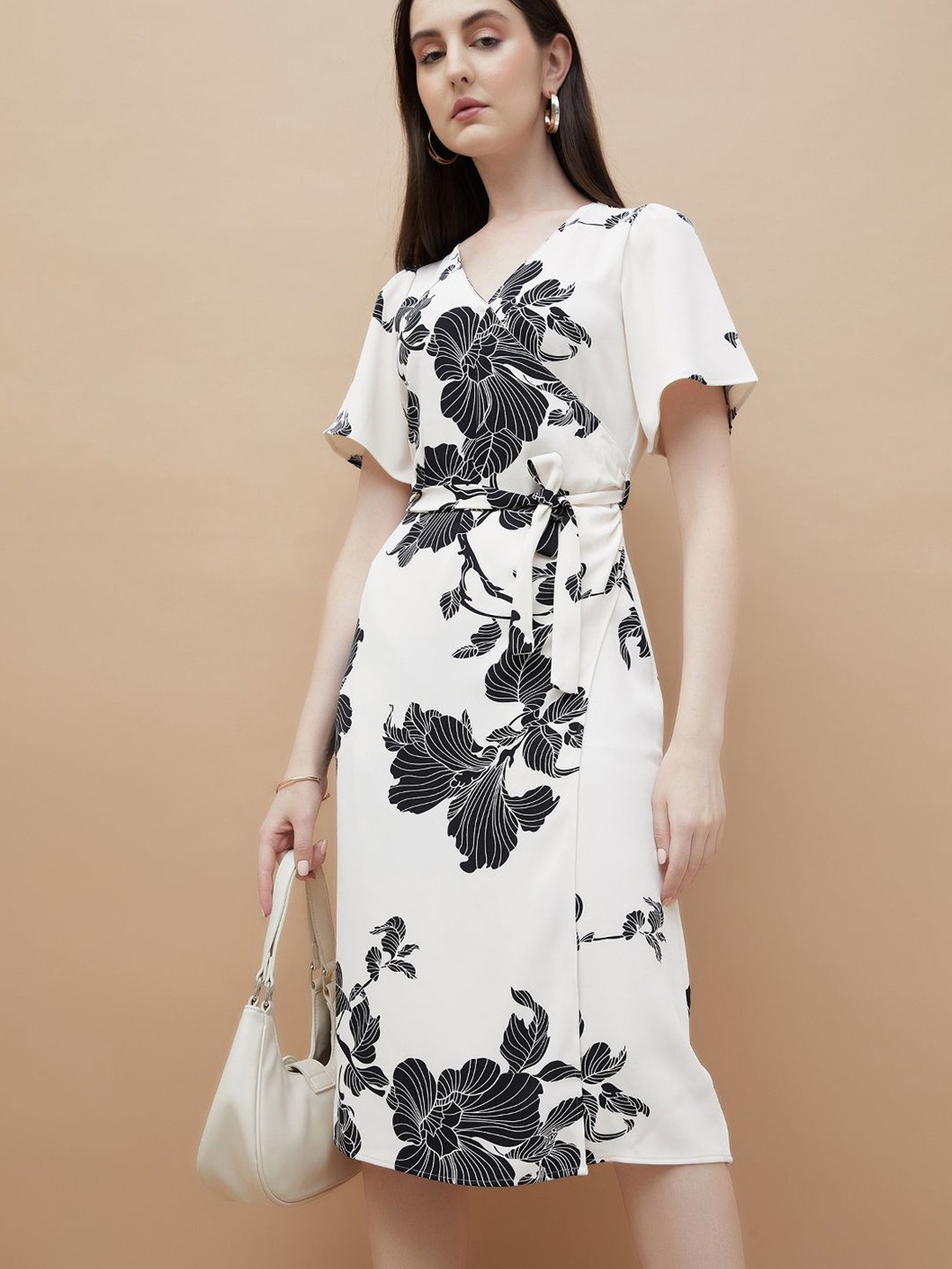 

CODE by Lifestyle Floral Print Flutter Sleeve A-Line Midi Dress, Off white