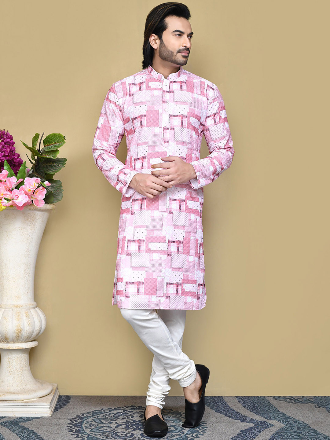 

RANAK Men Printed Regular Pure Cotton Kurta with Pyjamas, Pink