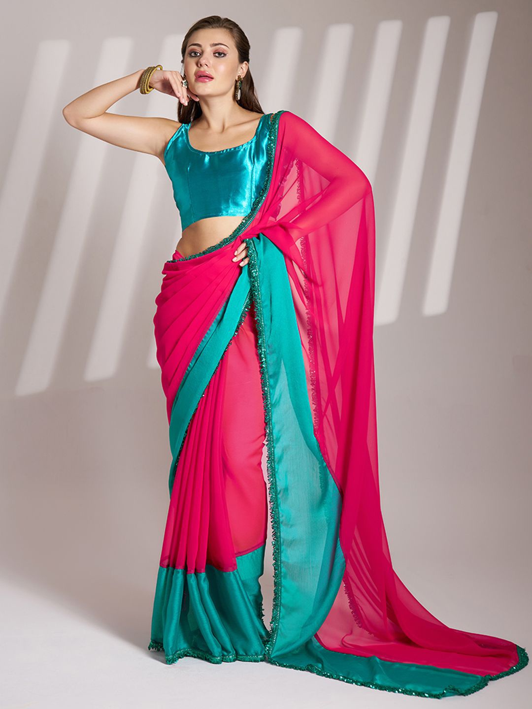 

Mitera Colourblocked Pure Chiffon Ready to Wear Saree, Pink