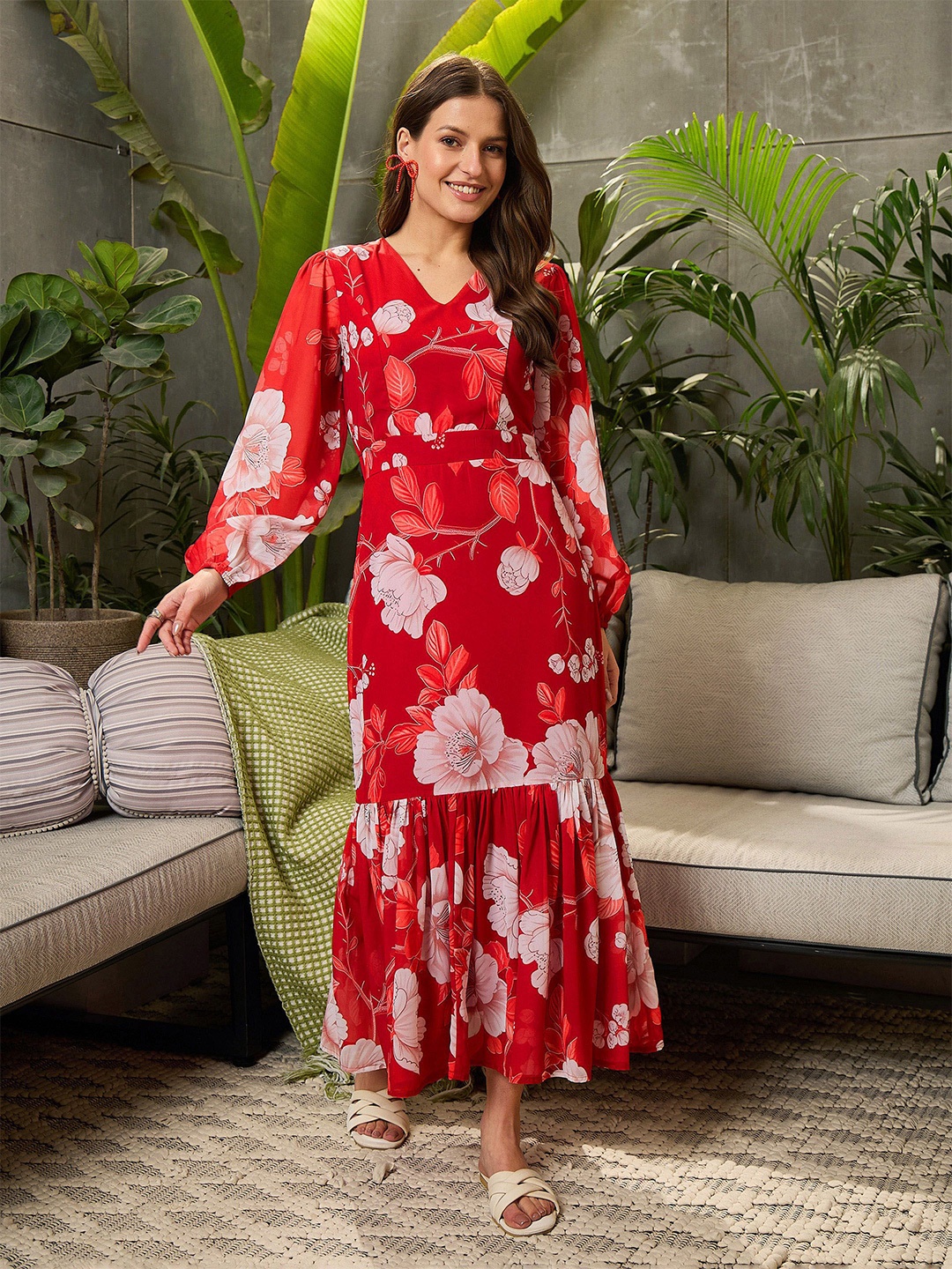 

SASSAFRAS Floral Print Georgette Fit & Flare Midi Dress, Red