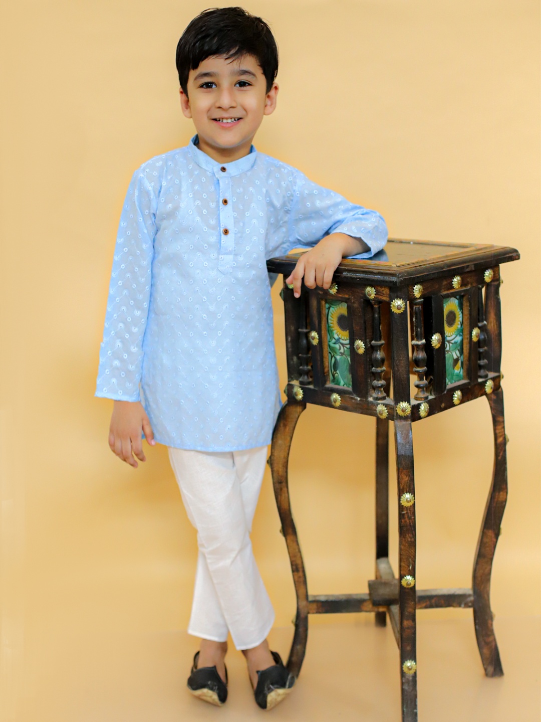 

MoMaa Boys Regular Chikankari Pure Cotton Kurta with Dhoti Pants, Blue