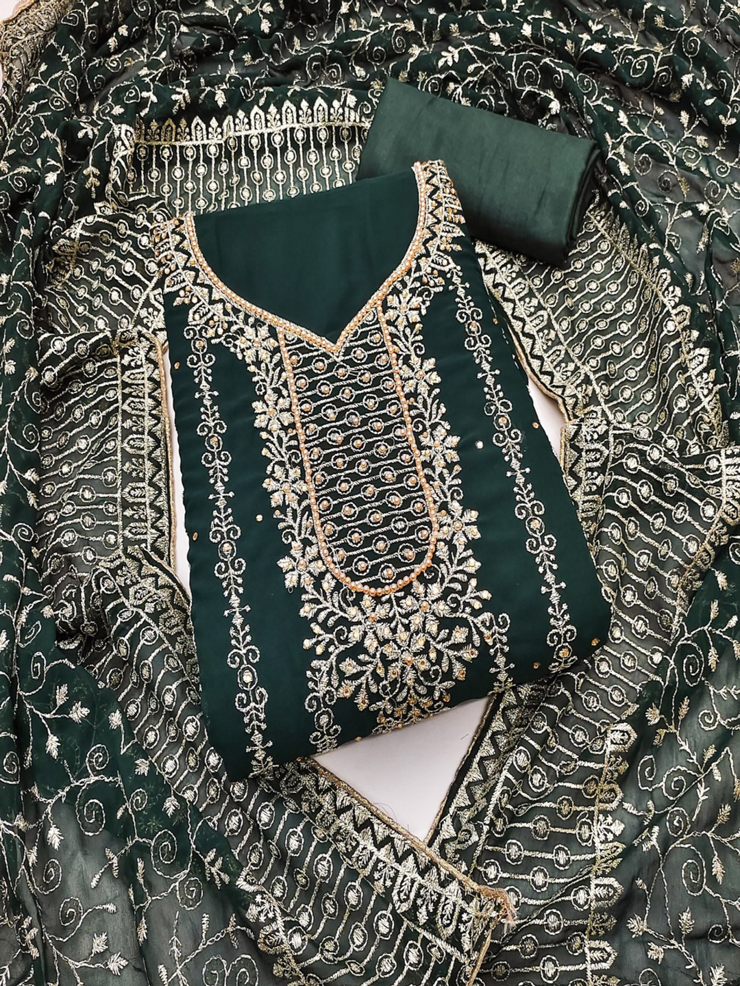

Panzora Embroidered Thread Work Georgette Unstitched Dress Material, Green