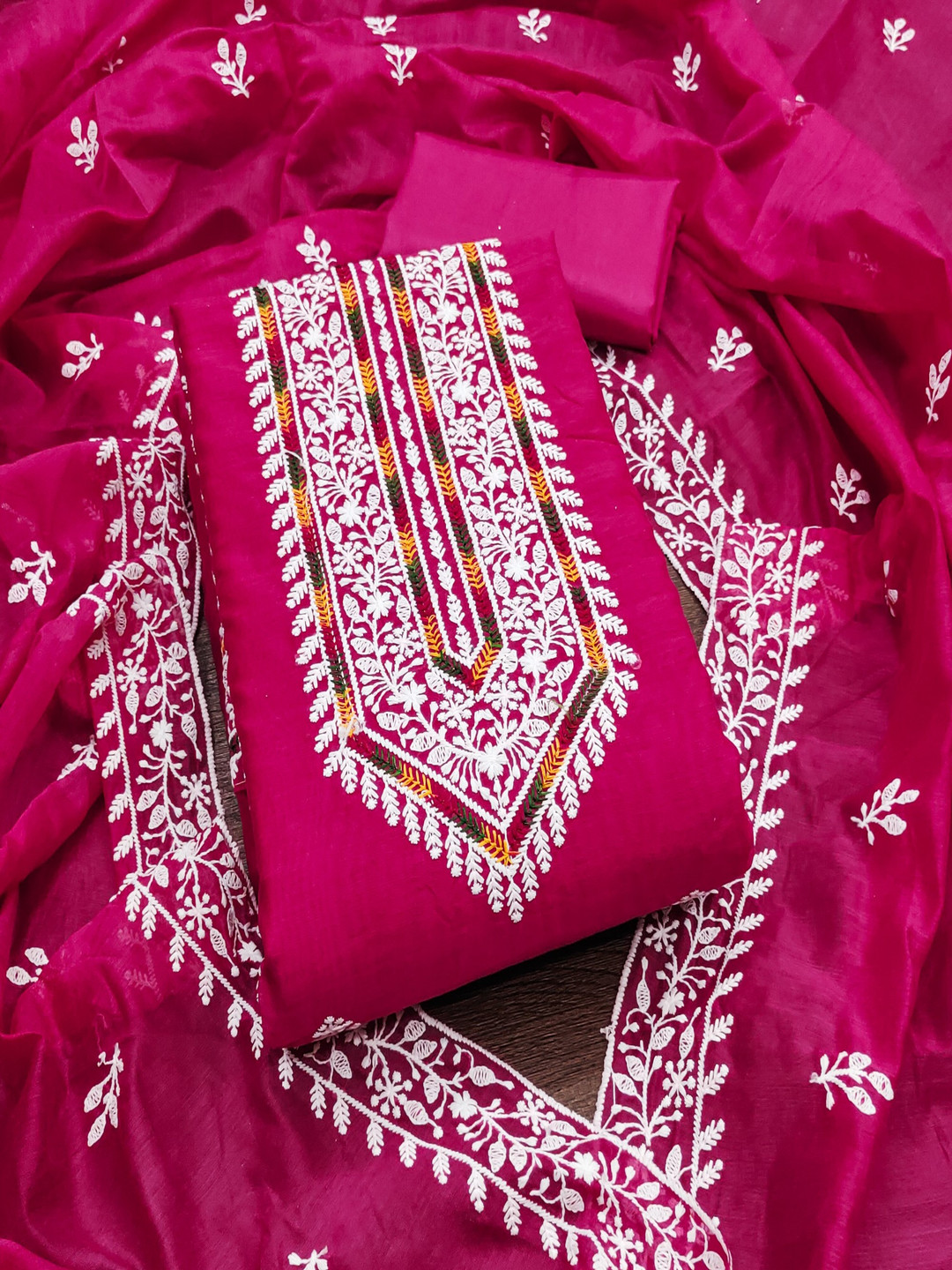 

Panzora Floral Lucknowi Embroidered Thread Work Unstitched Dress Material, Pink