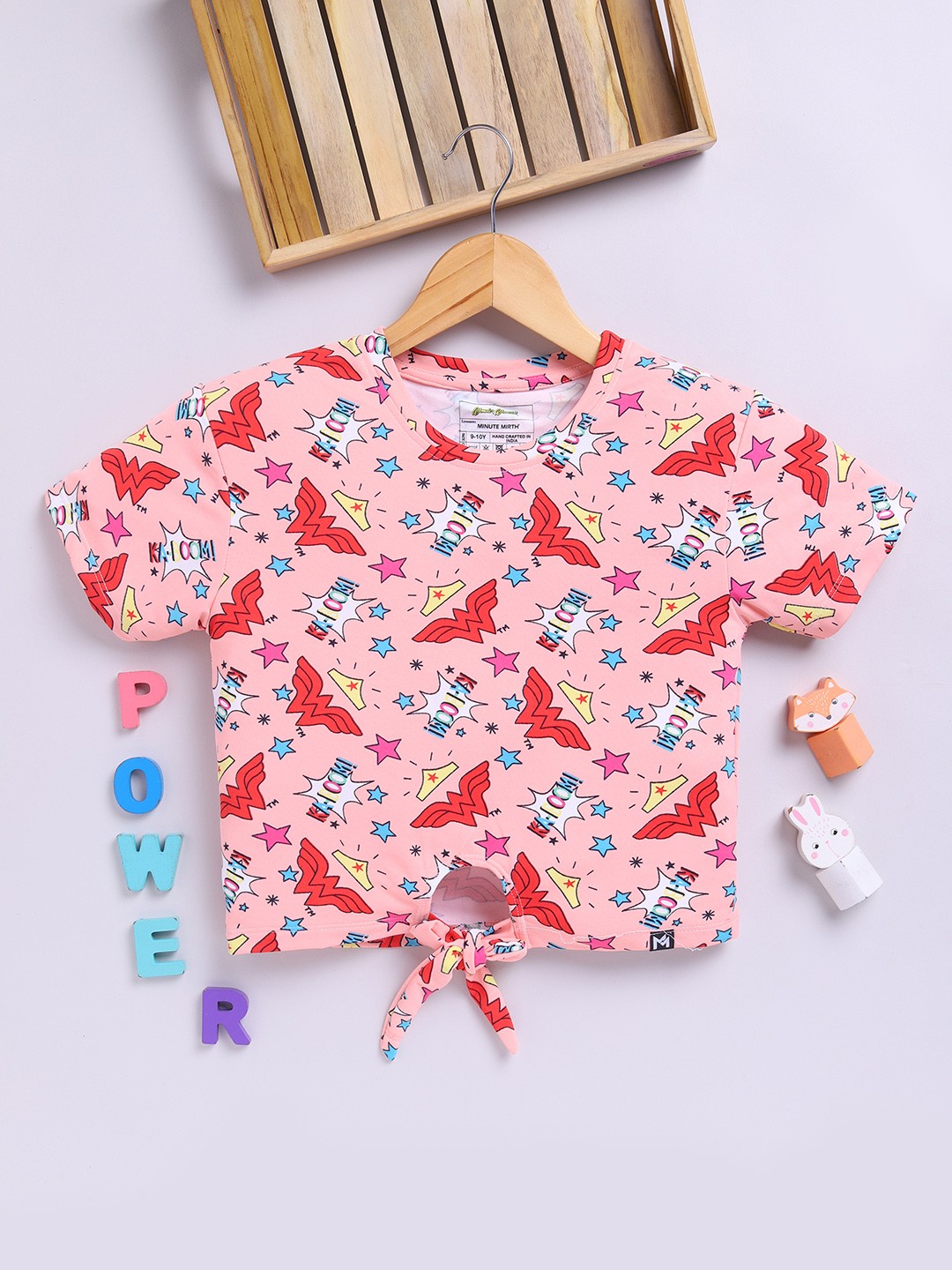 

YK X Minute Mirth Girls Wonder Woman Printed Crop Top, Peach
