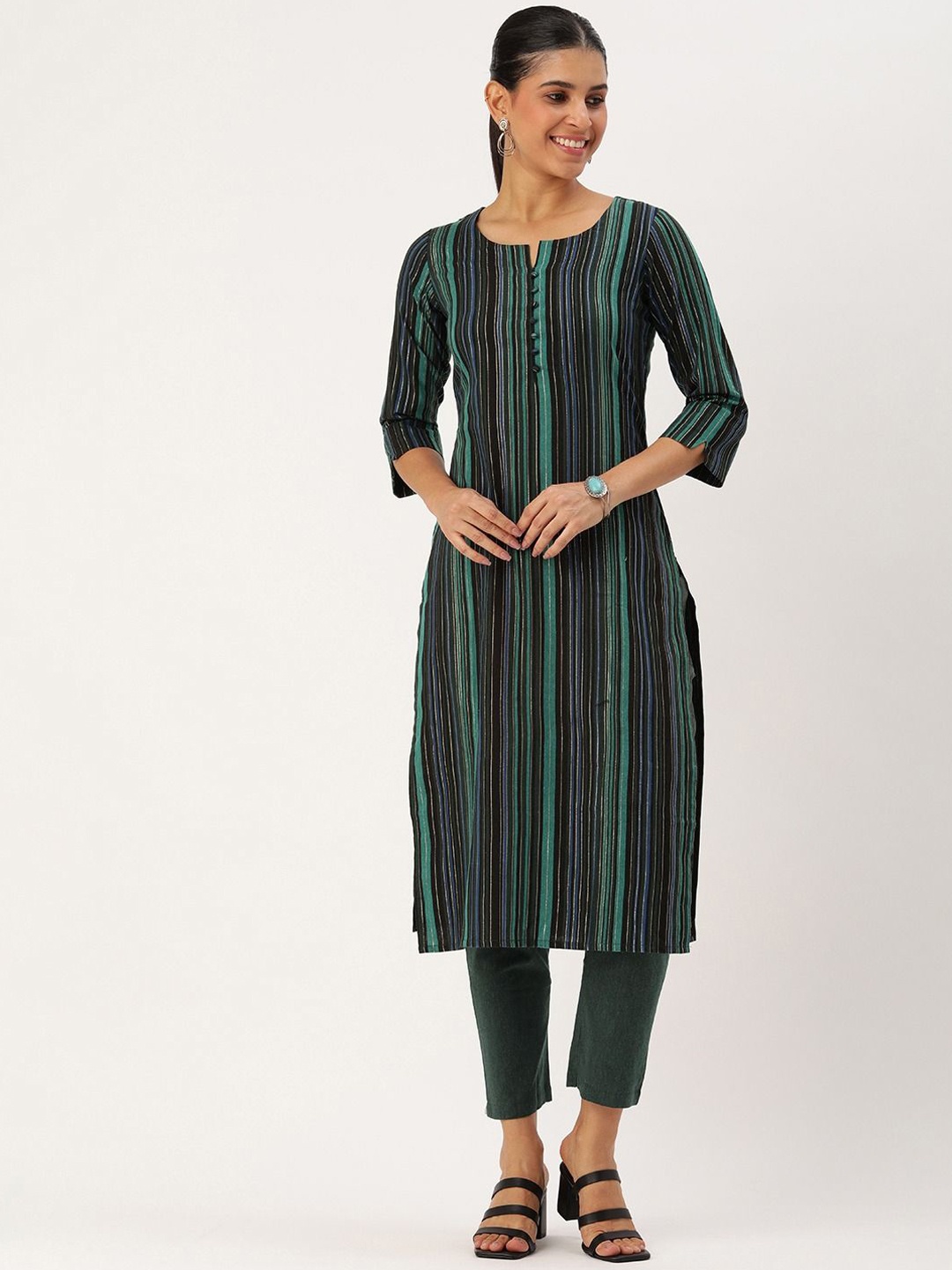 

KALINI Women Striped Regular Kurta with Trousers, Green