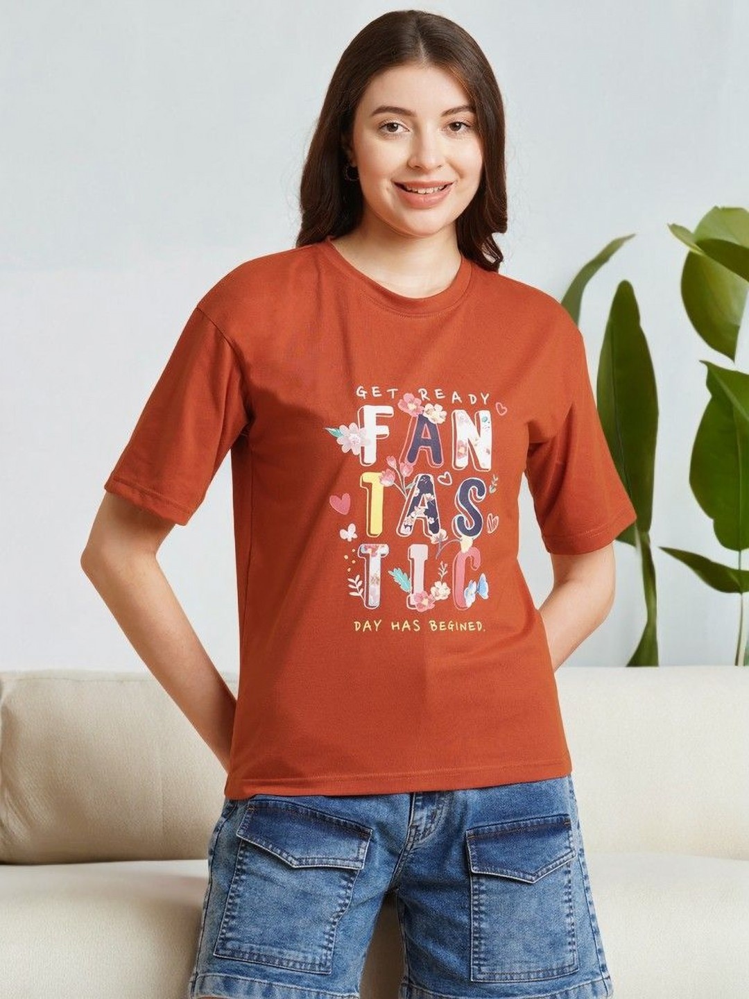 

DressBerry Women Typography Printed Pockets T-shirt, Rust