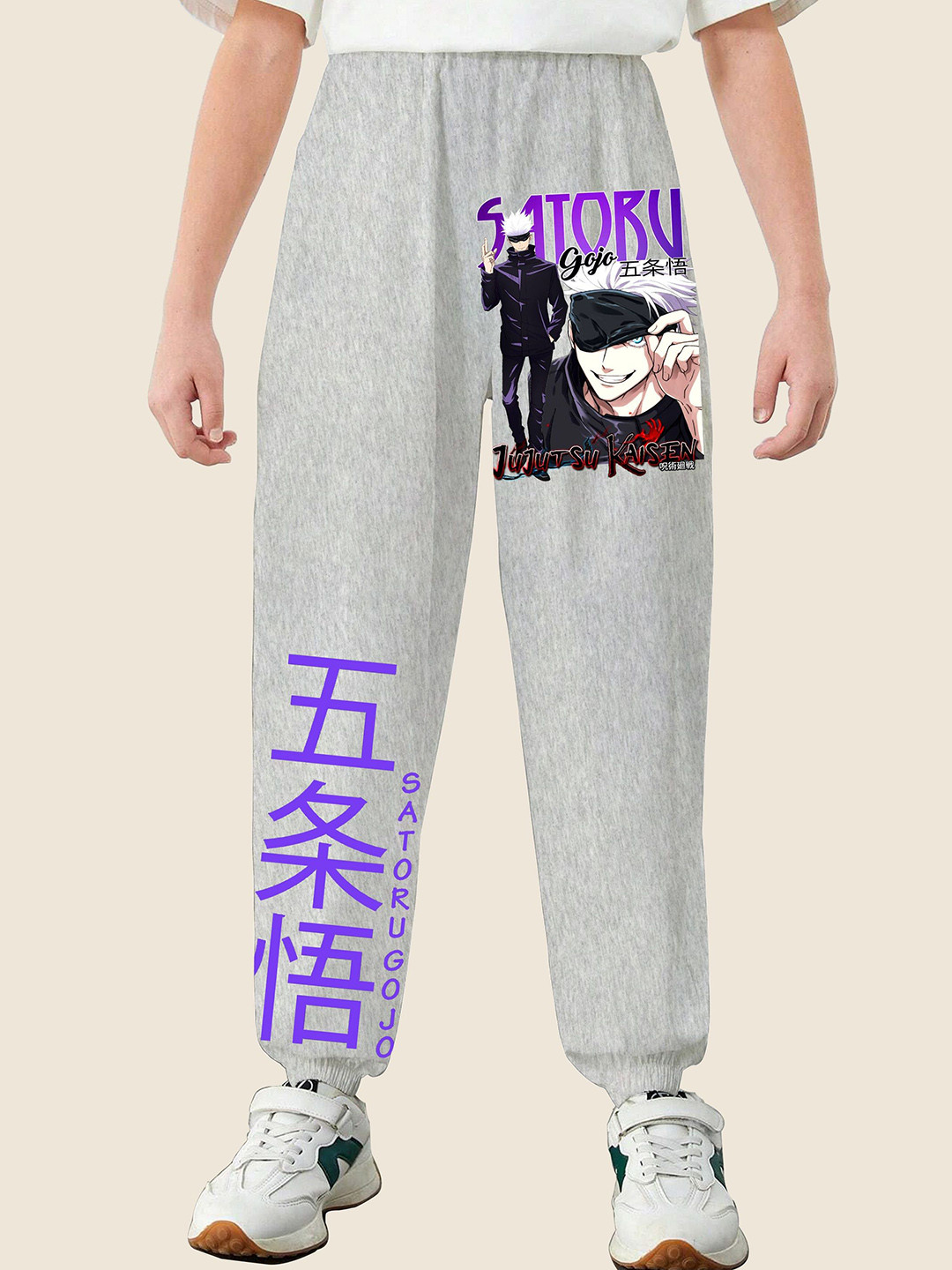 

MODARUE Boys Anime Printed Cotton Mid Rise Joggers, Grey