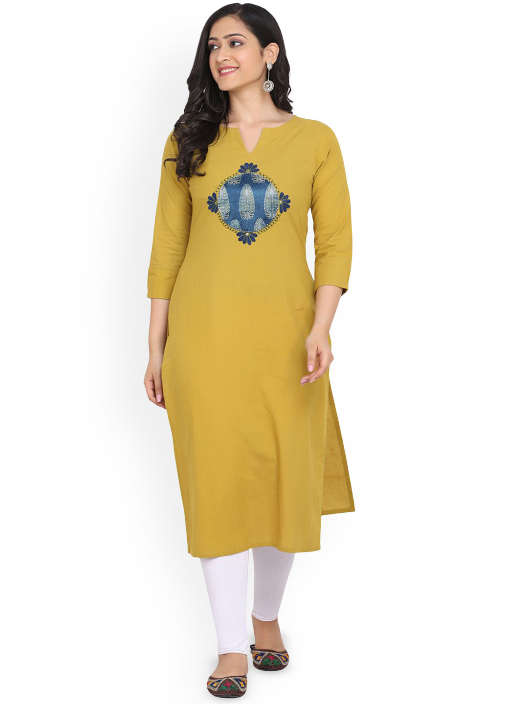 

KALINI Floral Yoke Design Notch Neck Thread Work Pure Cotton Straight Kurta, Yellow