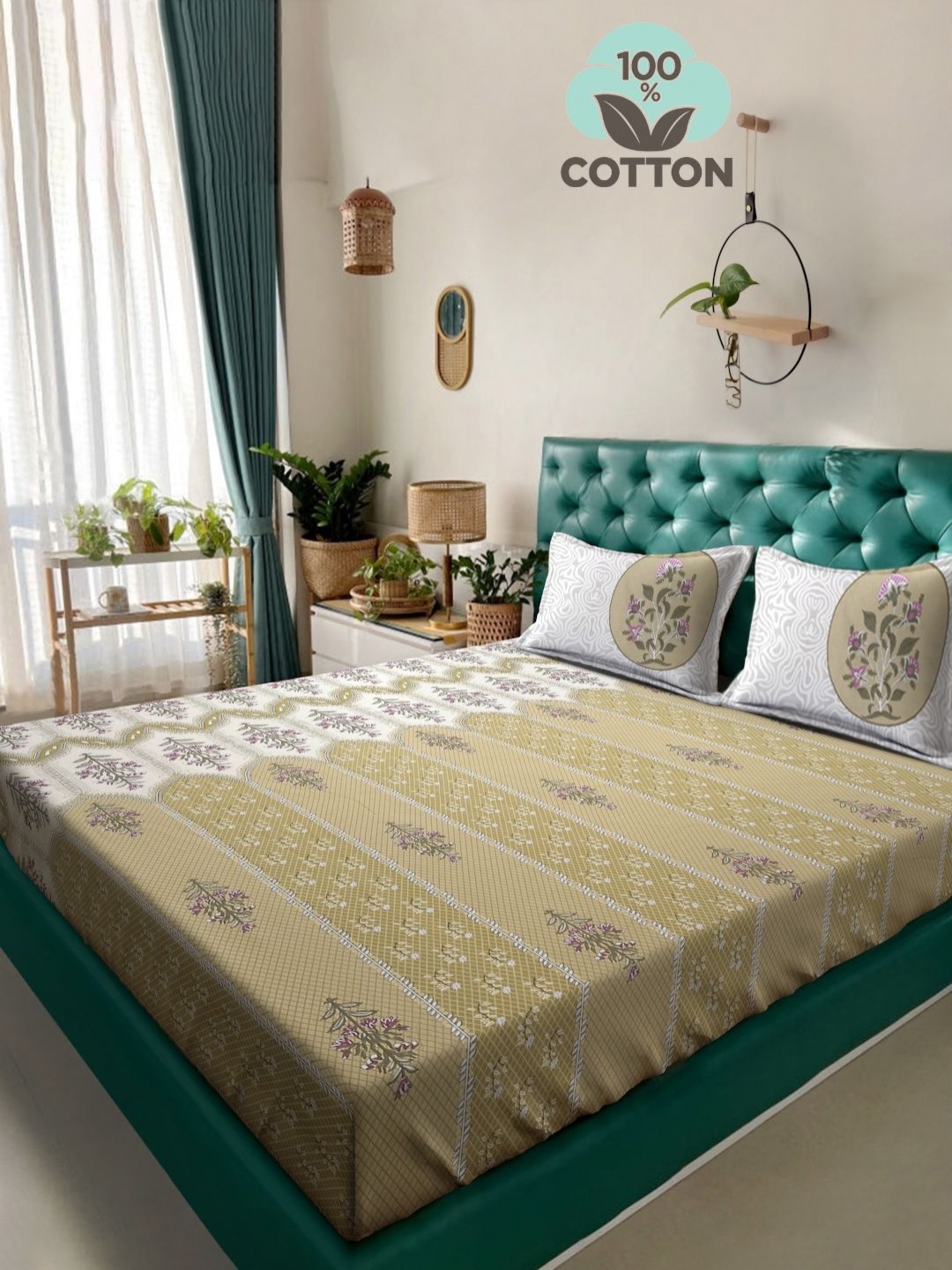 

Myntra Elegant Homes White Printed Pure Cotton 400 TC King Bedsheet Set 2.7 m X 2.7 m, Olive