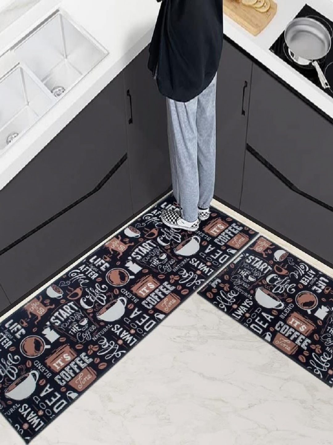 

FAVRIA Black & Brown 2 Pieces Printed Velvet Waterproof Kitchen Mats