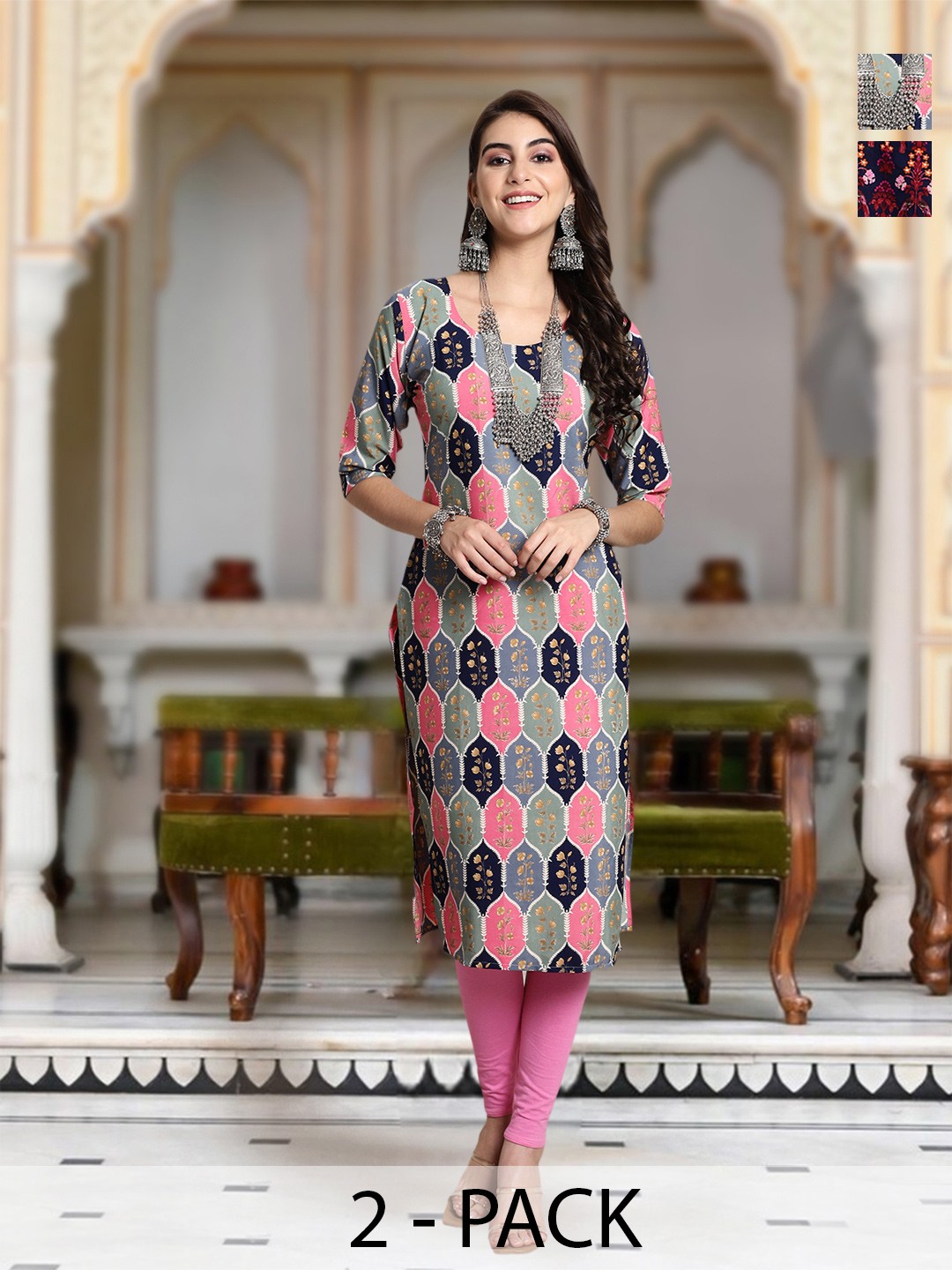 

Moda Rapido Selection Of 2 Floral Printed Round Neck Straight Kurta, Grey