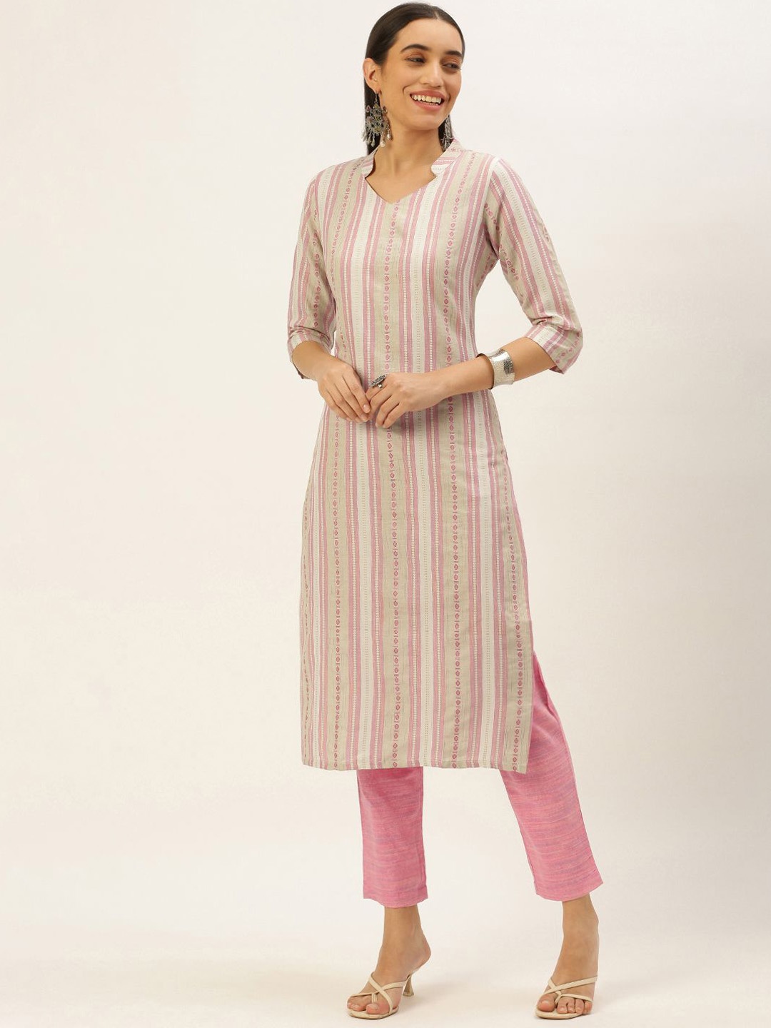 

KALINI Women Striped Regular Kurta with Trousers, Pink