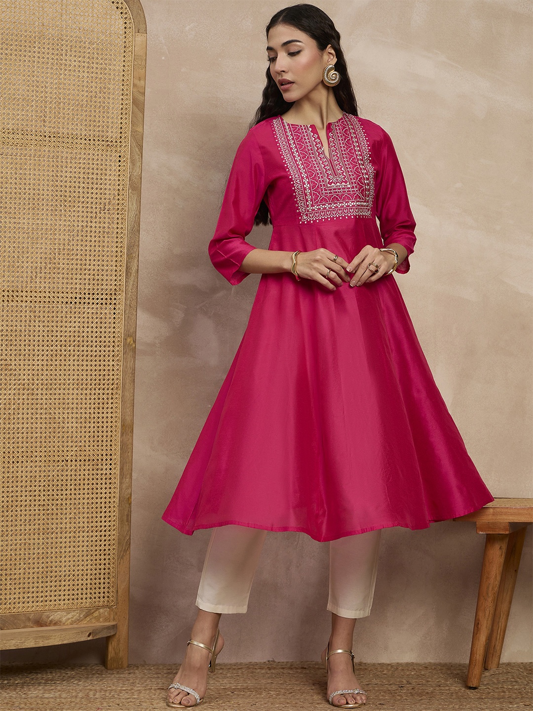 

all about you Floral Yoke Design Sequinned Chanderi Silk Anarkali Kurta, Pink