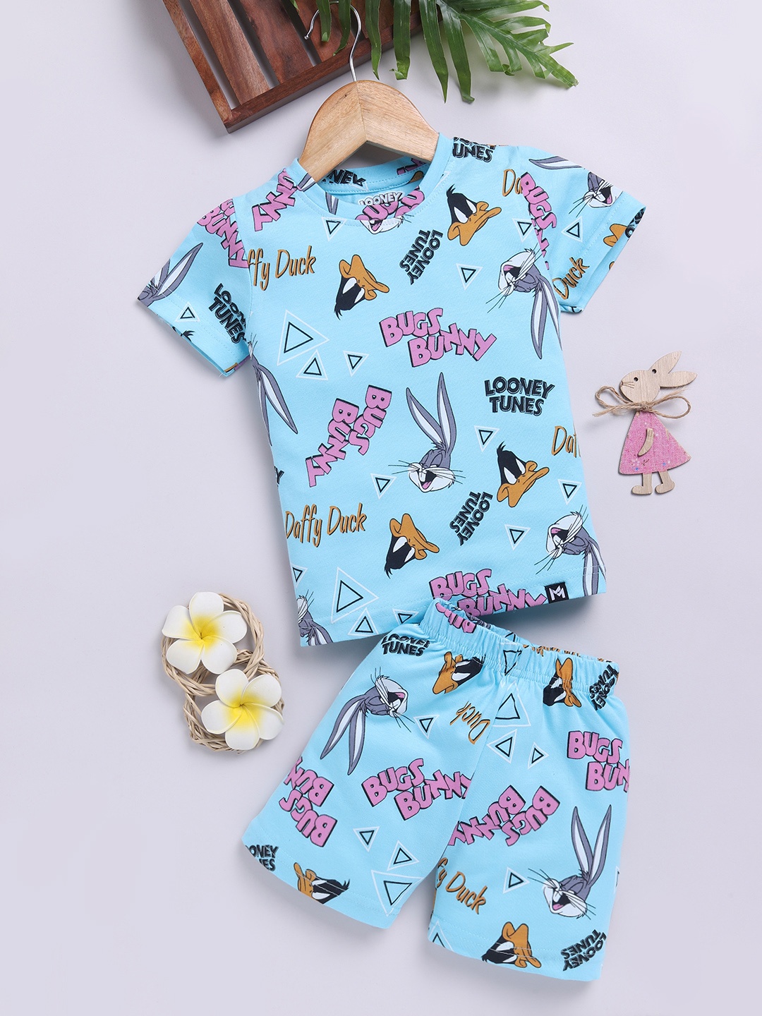 

YK X Minute Mirth Boys Looney Toons Printed Pure Cotton T-shirt with Shorts, Blue