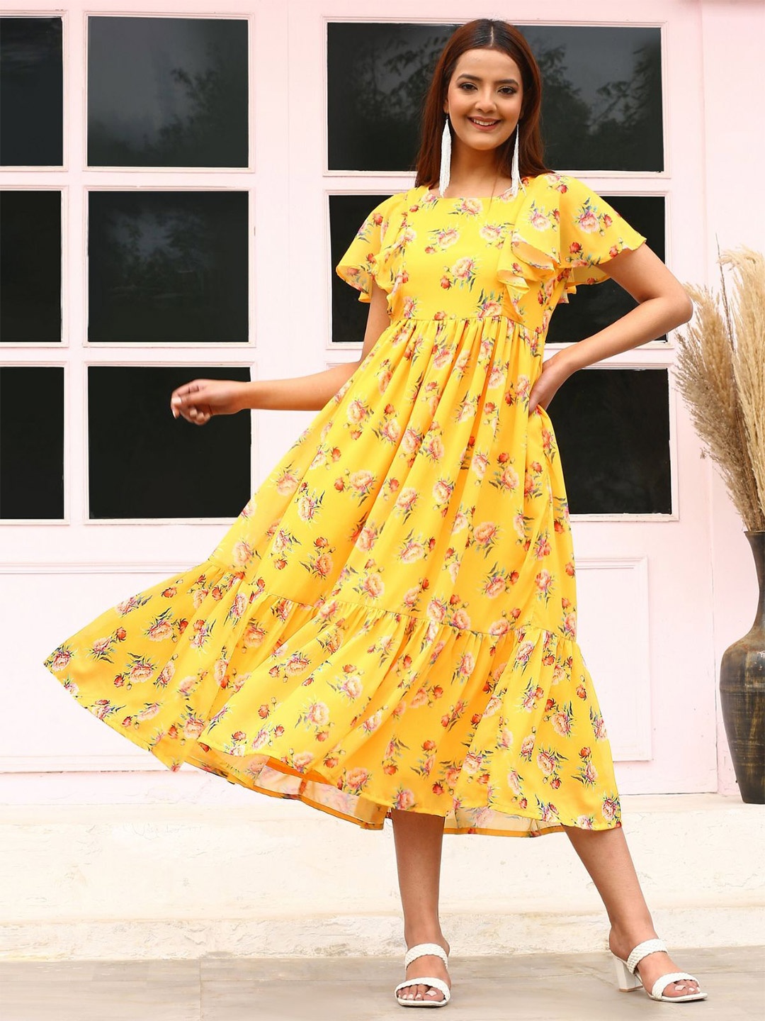 

NOUN Floral Print Georgette Maxi Midi Dress, Yellow