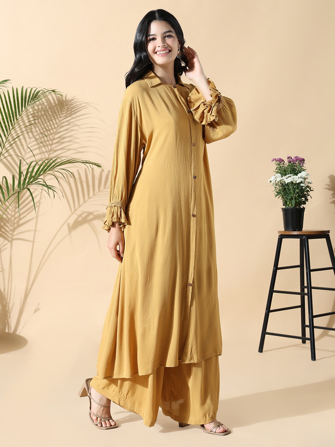

SHOWOFF Women Regular Kurta with Palazzos, Mustard