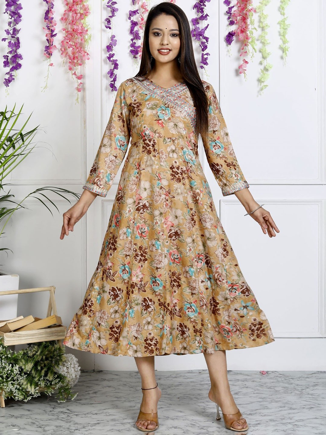 

ASANSHI Floral Printed Round Neck A-Line Ethnic Dresses, Beige