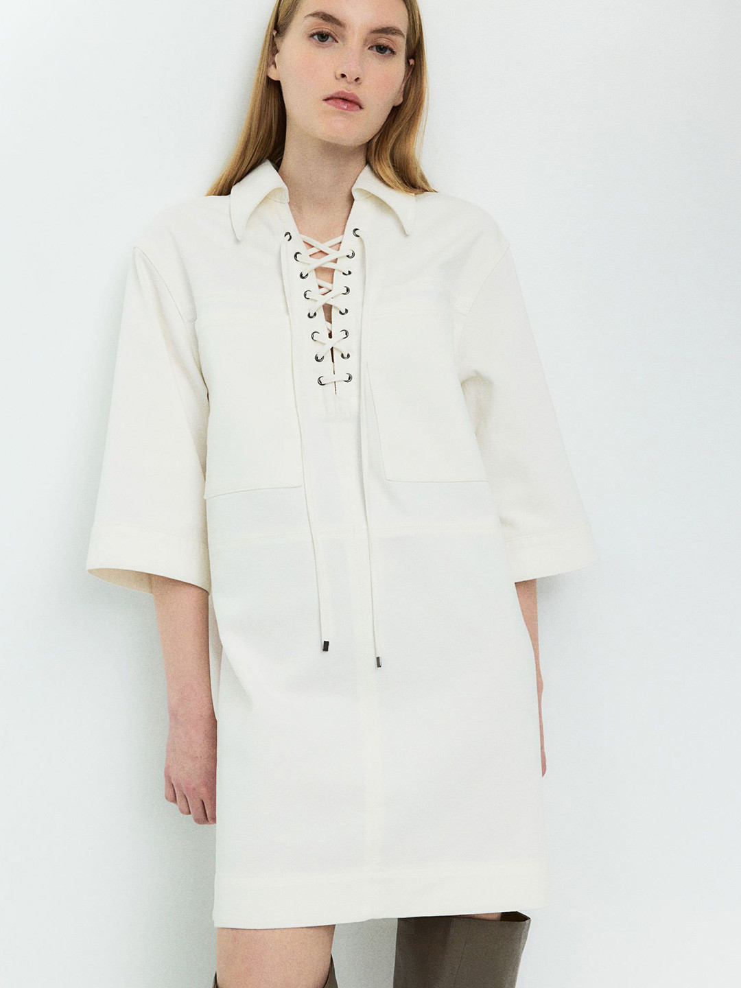 

H&M Lace-Up Denim Dress, White