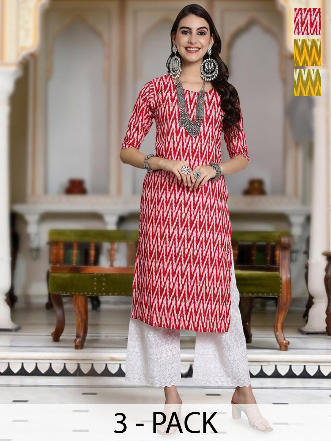 

Moda Rapido Selection Of 2 ChevronPrinted Round Neck Straight Kurta, Red