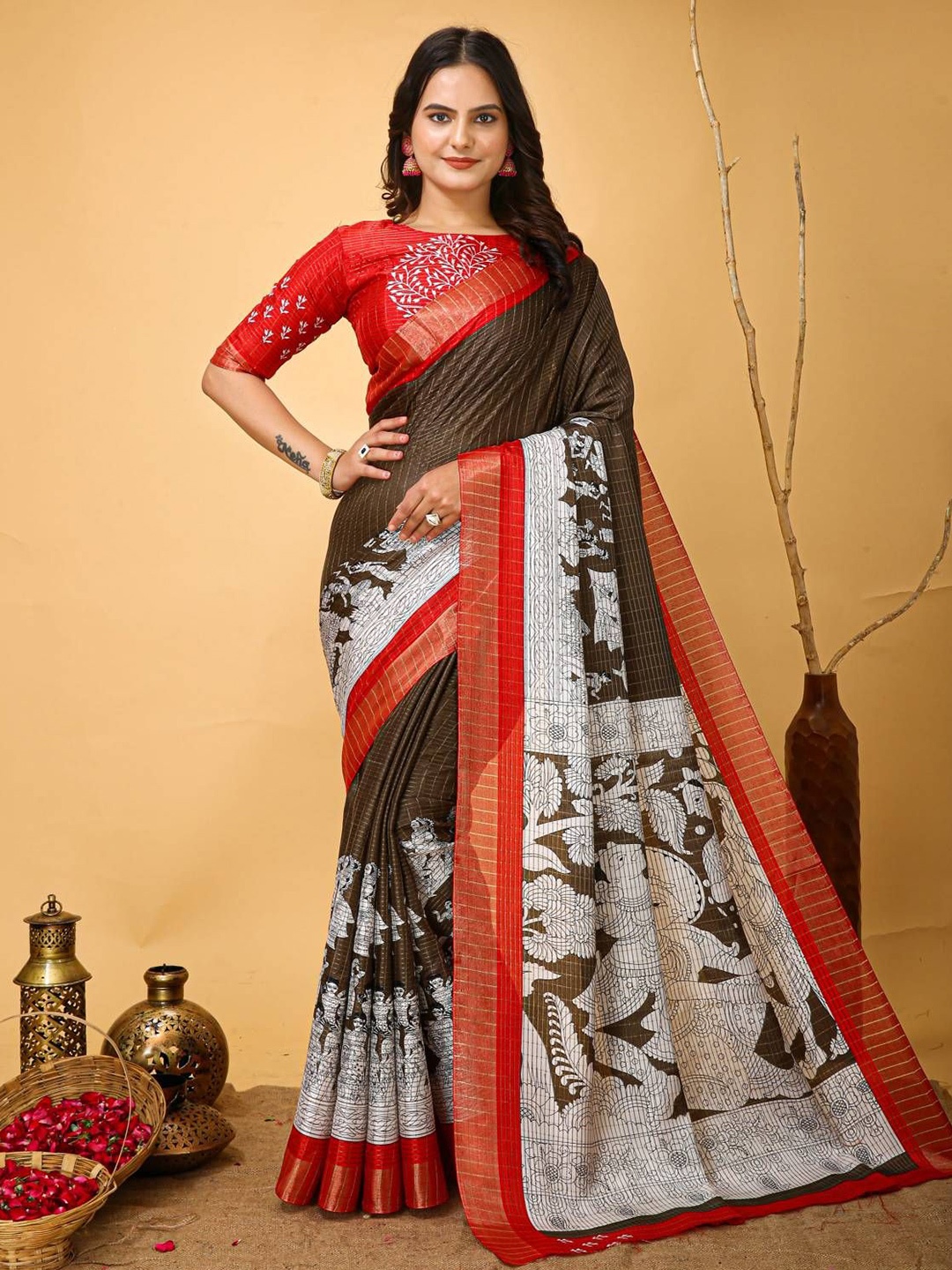 

DIVASTRI Kalamkari Zari Pure Cotton Kanjeevaram Saree, Black