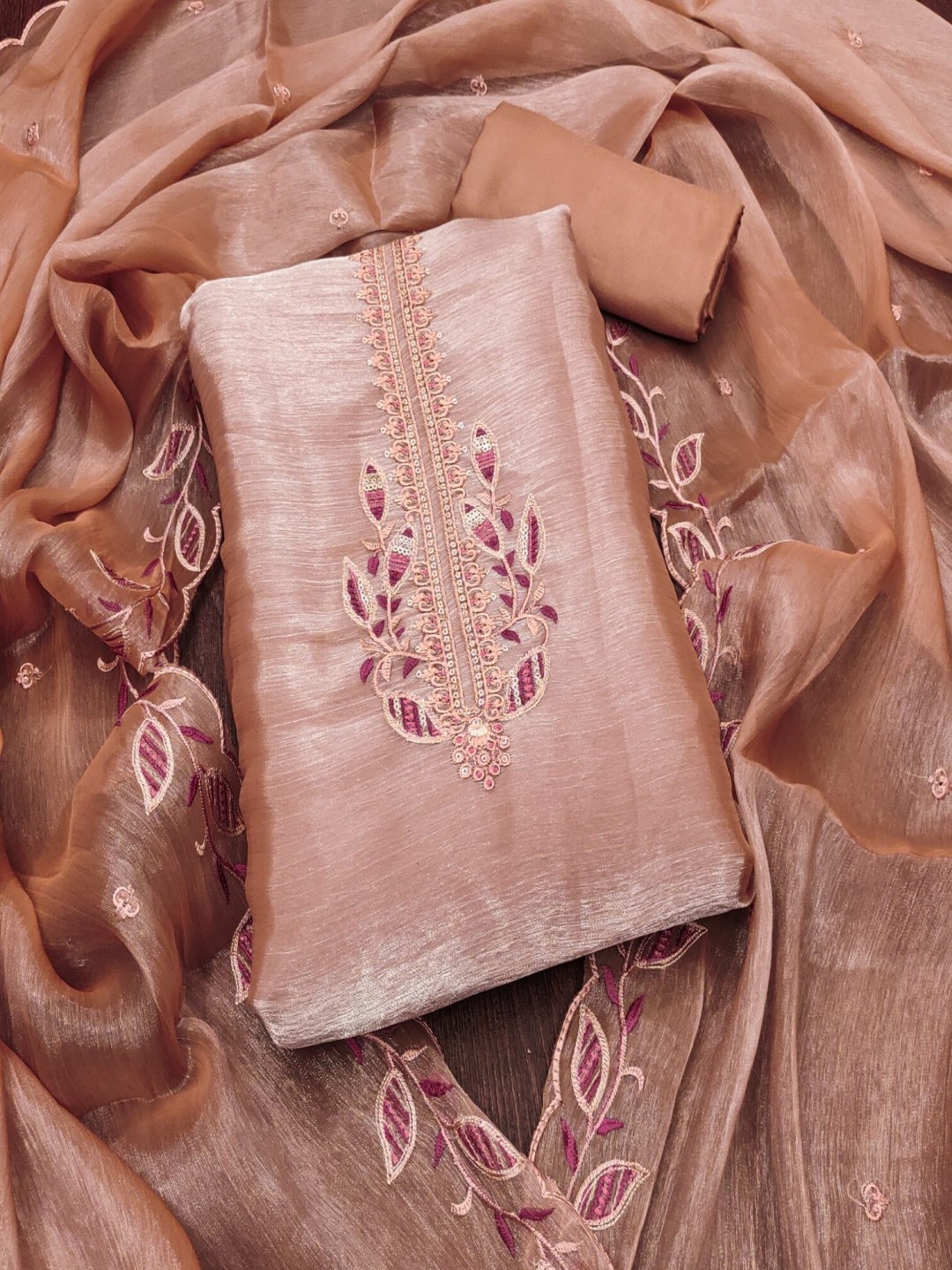

KALINI Floral Embroidered Sequinned Unstitched Dress Material, Peach