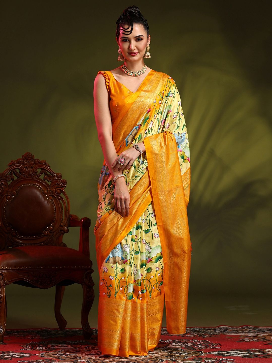 

Mitera Kalamkari Zari Silk Blend Bomkai silk Saree, Yellow