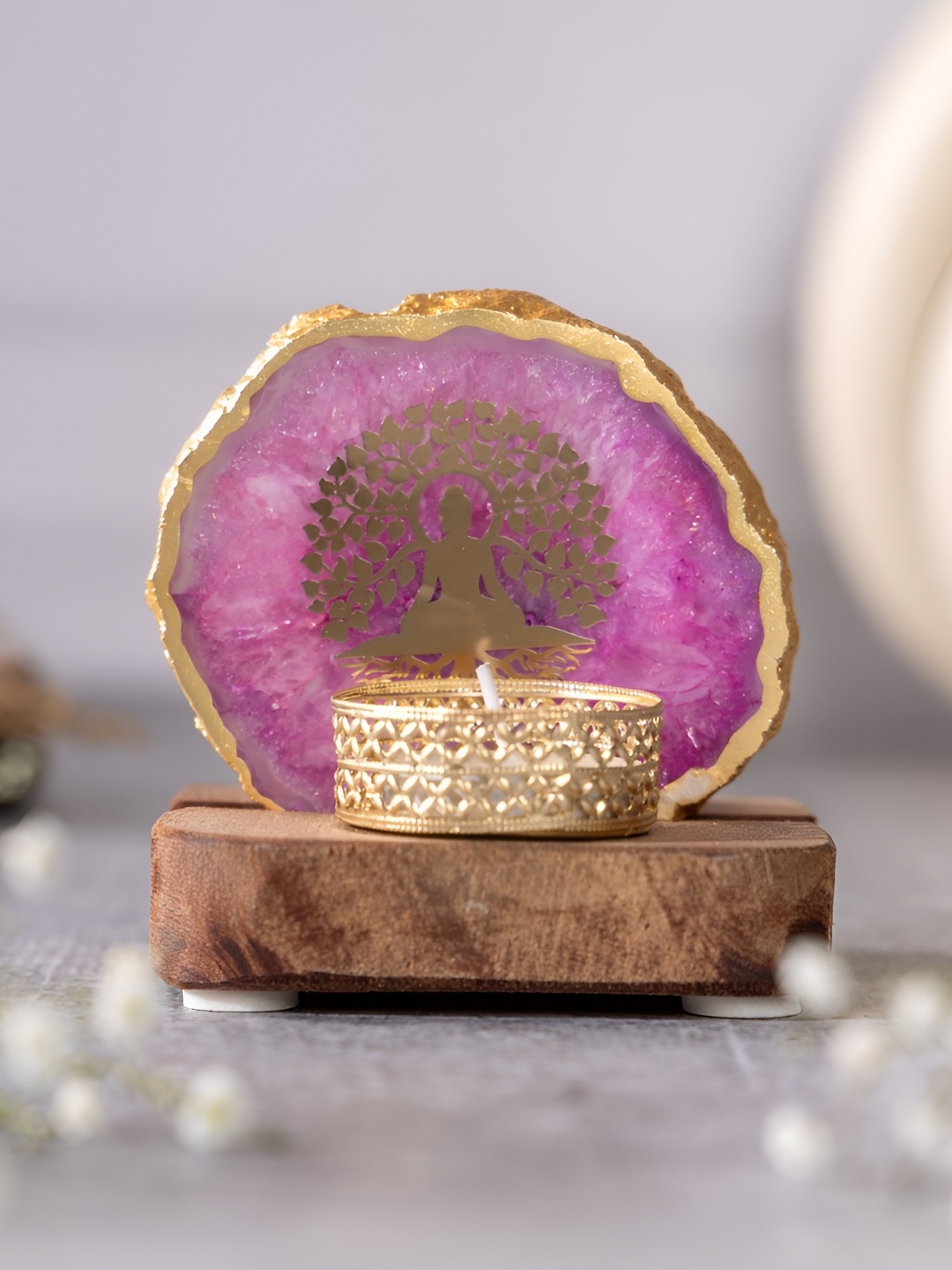 

HOMEARTE Pink & Brown Buddha Tree Design Candle Holder With Wooden Base