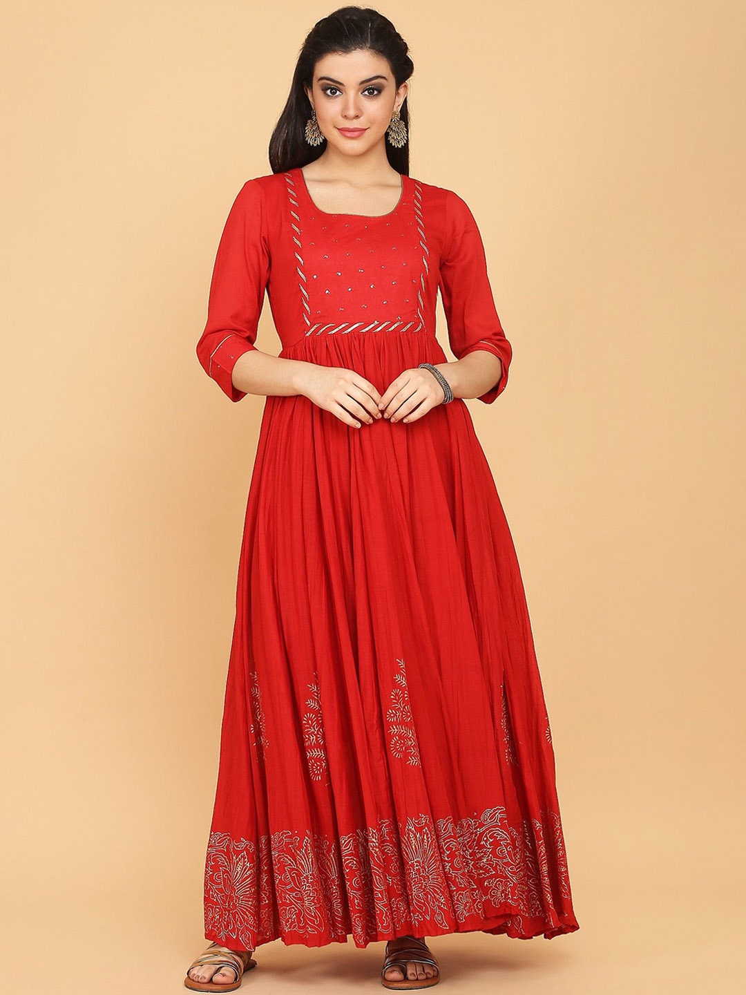 

KALINI Floral Printed Round Neck Empire Sequinned Pure Cotton Anarkali Kurta, Red
