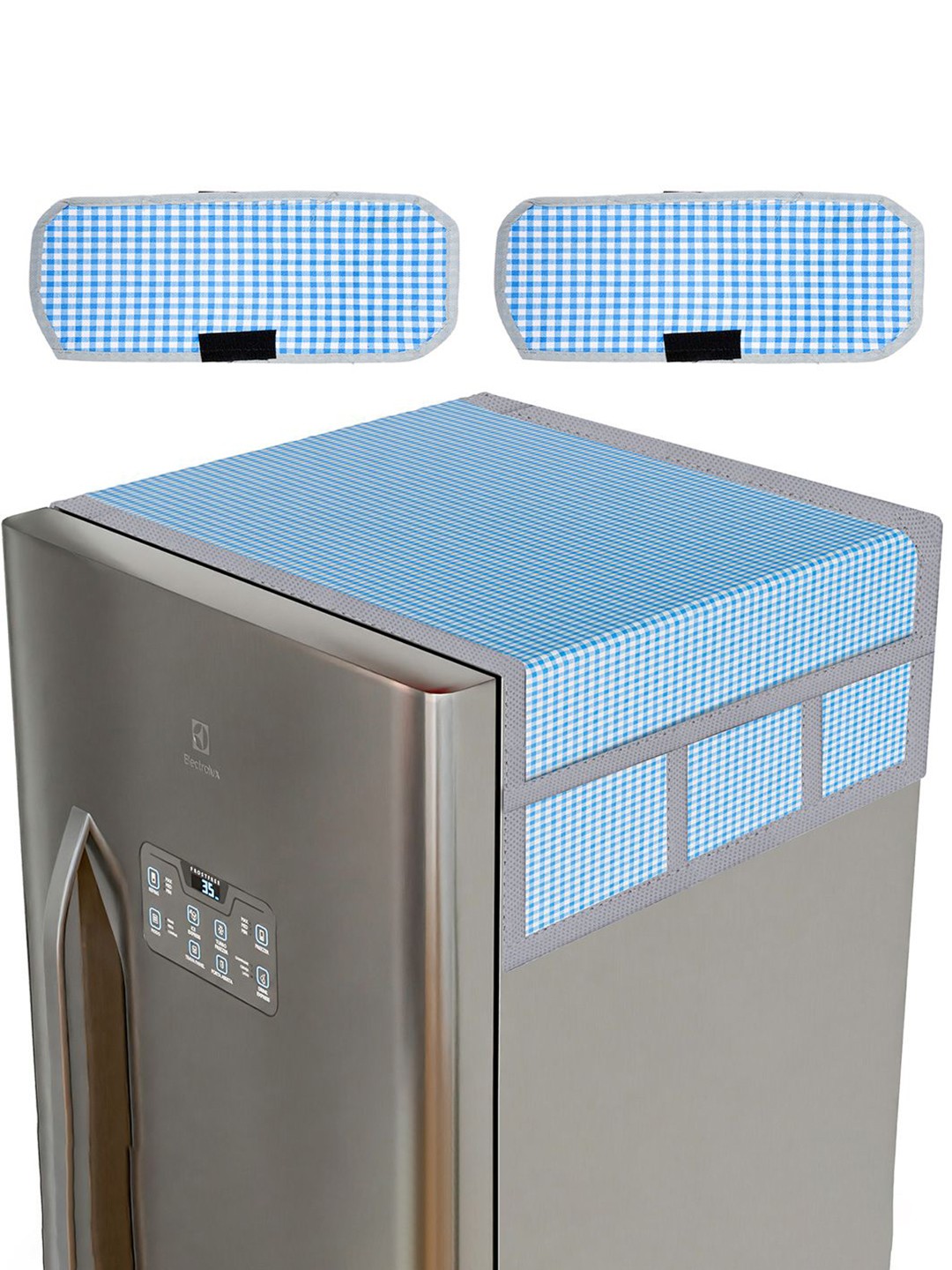 

Kuber Industries Blue & White 3 Pieces Checked Fridge Top & Handle Cover Set