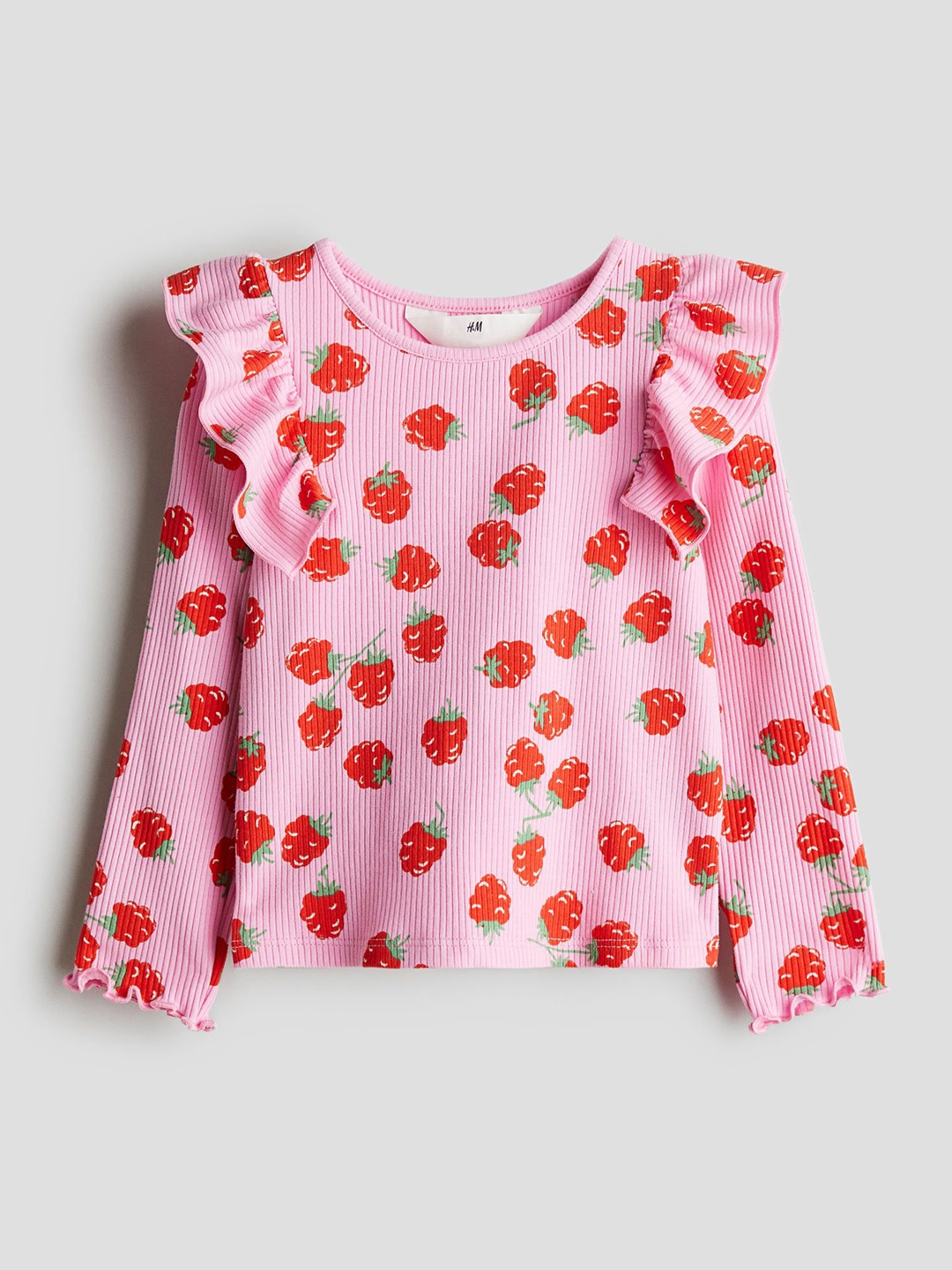 

H&M Flounced Cotton Jersey Top, Pink