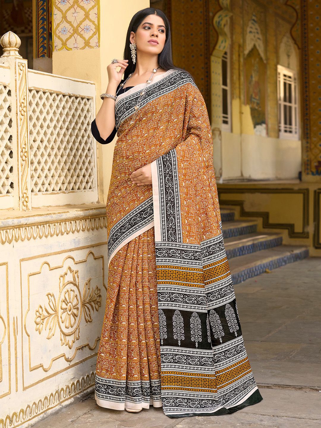 

Mitera Paisley Silk Blend Block Print Saree, Mustard