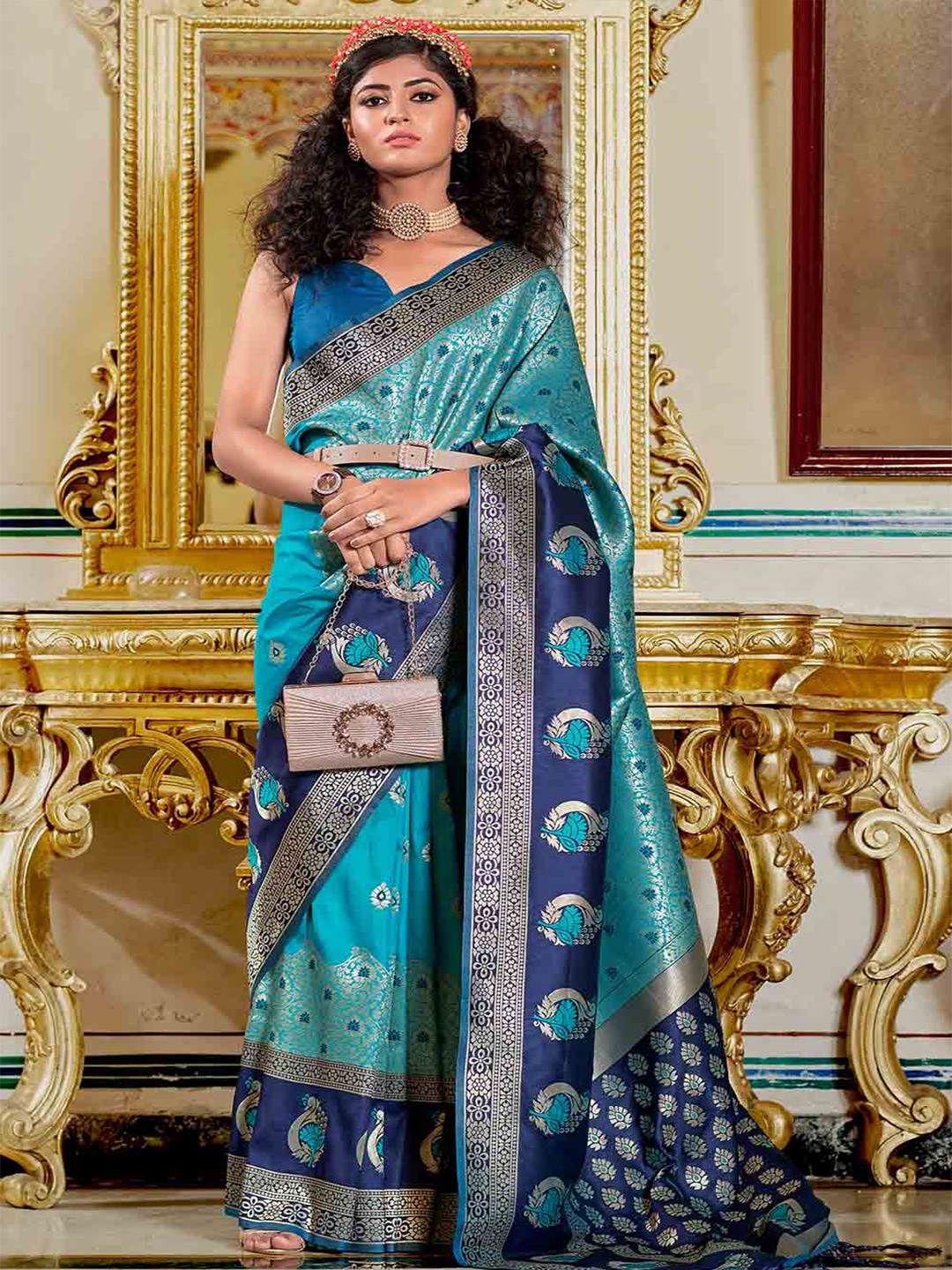 

FASHION STROM Woven Design Zari Silk Blend Banarasi Saree, Blue