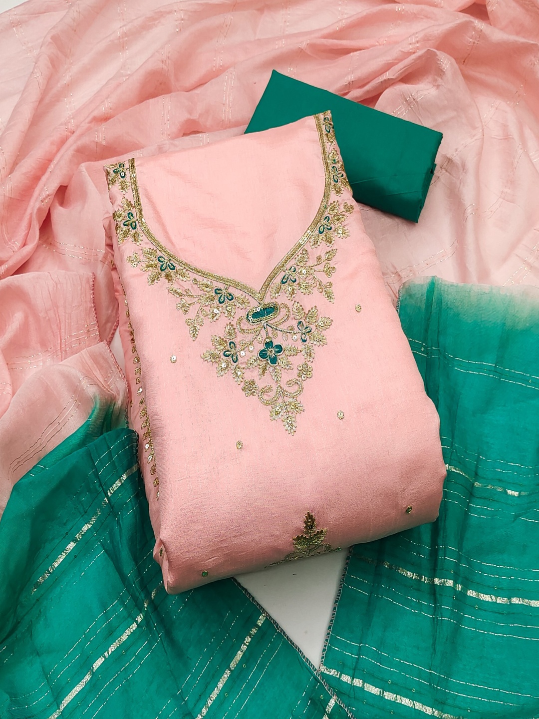 

KALINI Floral Embroidered Sequinned Work Unstitched Dress Material, Peach