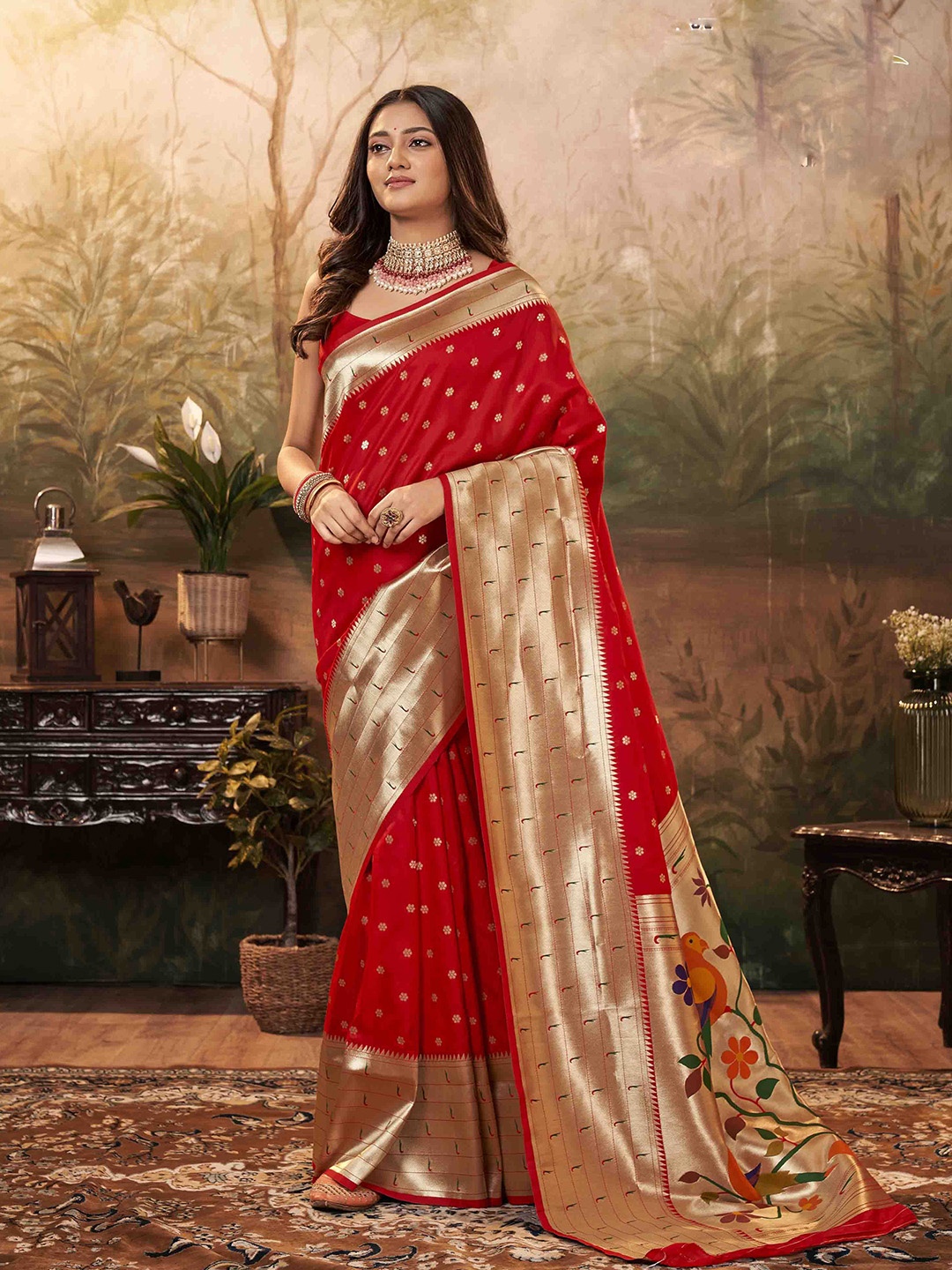 

DIVASTRI Woven Design Zari Silk Blend Paithani Saree, Red