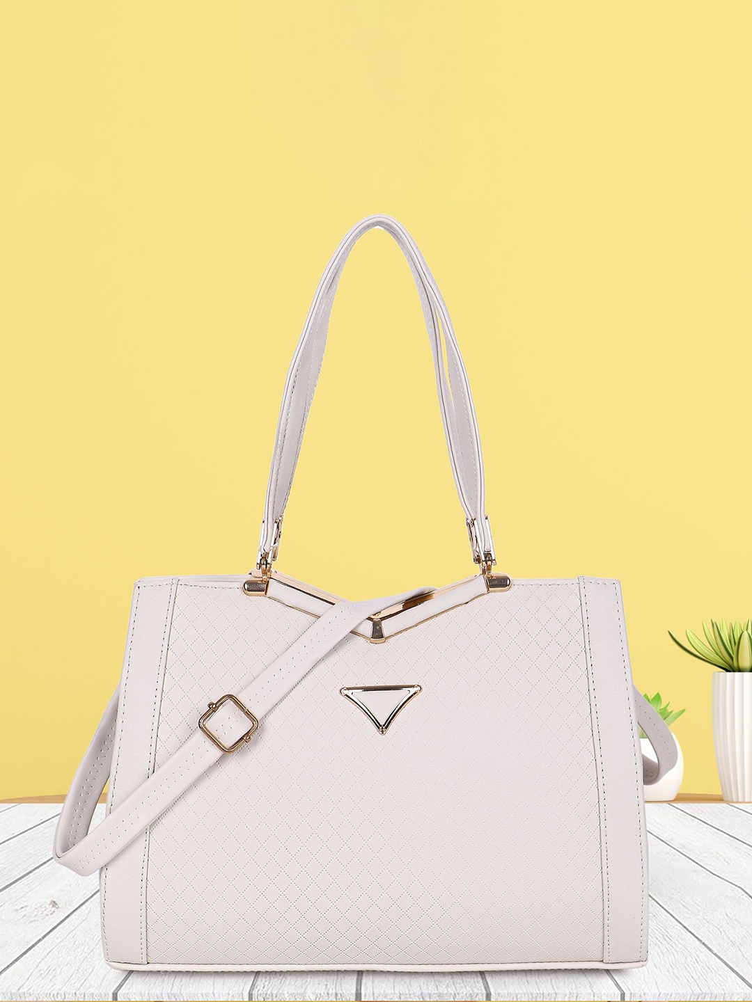 

LADY QUINTON Colourblocked PU Structured Handheld Bag with Quilted, White