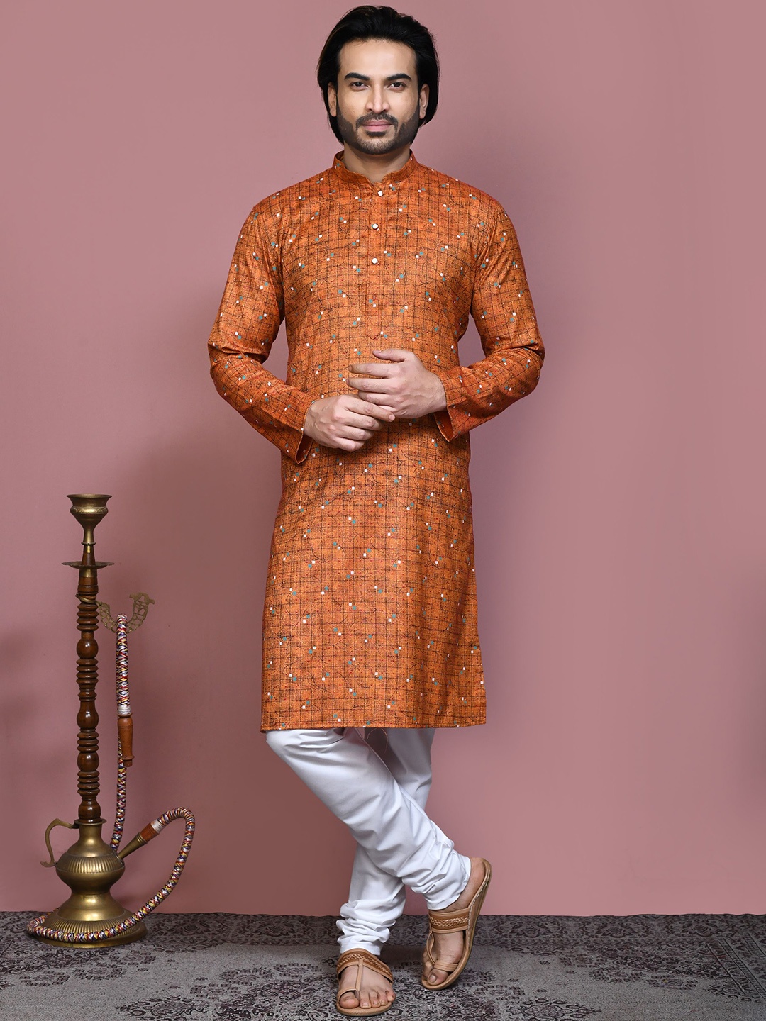 

RANAK Men Ethnic Motifs Printed Regular Pure Cotton Kurta with Pyjamas, Brown