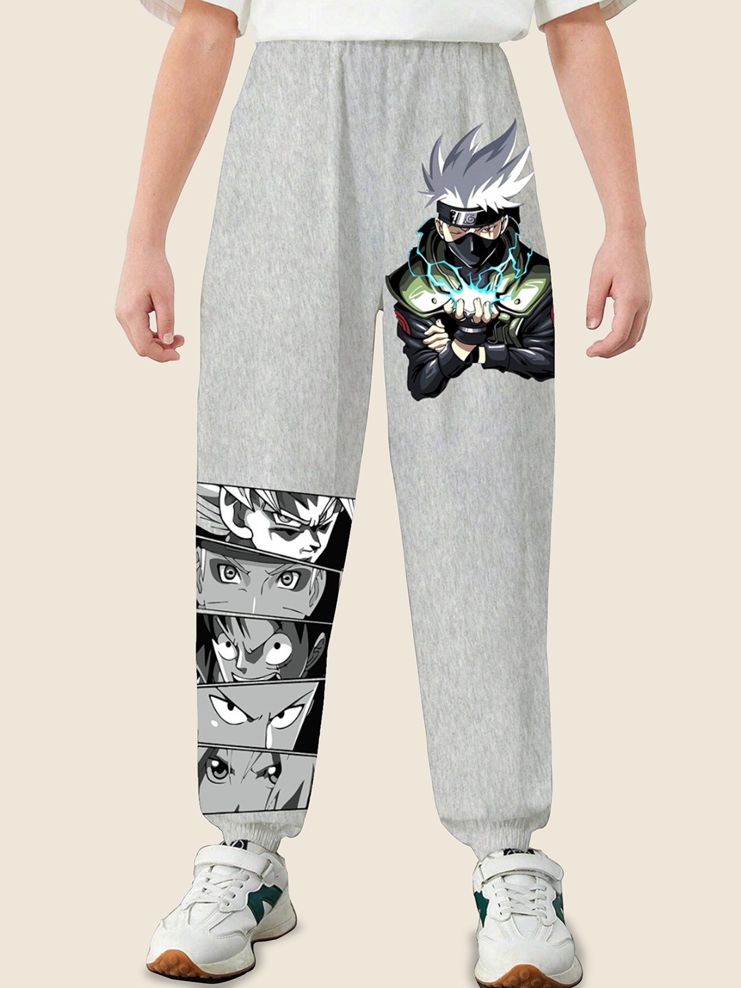 

MODARUE Boys Anime Printed Cotton Mid Rise Joggers, Grey