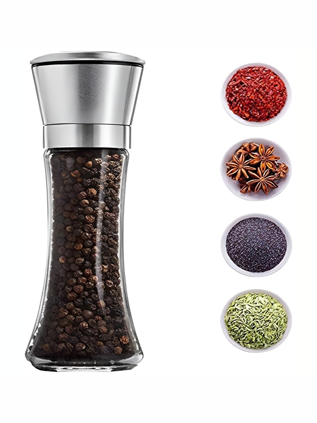 

Baskety Transparent & Silver Toned Stainless Steel Pepper Mill Grinder Shaker