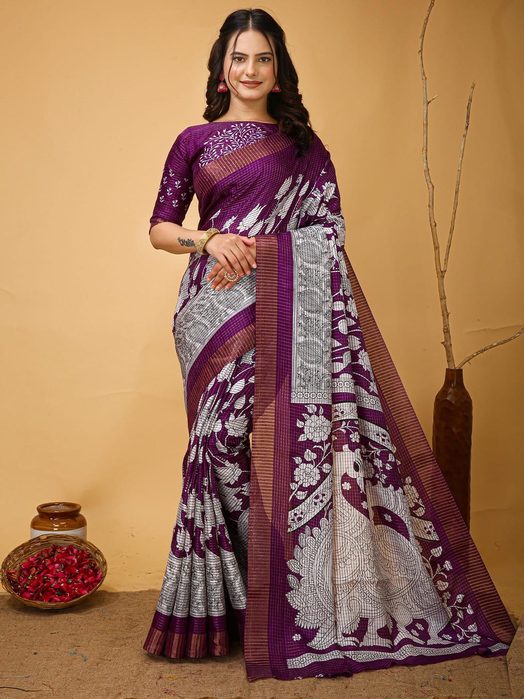 

HI FI NX Ethnic Motifs Zari Pure Cotton Kanjeevaram Saree, Purple