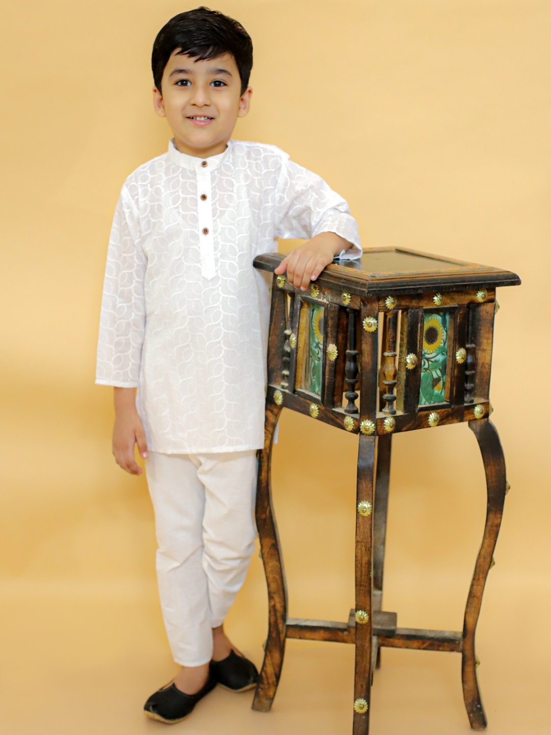 

MoMaa Boys Regular Chikankari Pure Cotton Kurta with Dhoti Pants, White