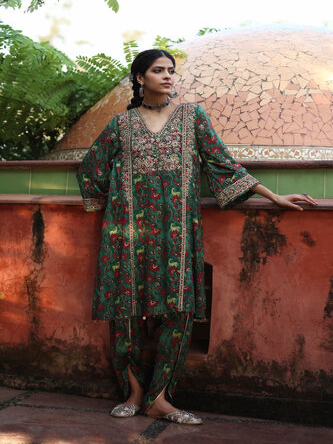 

Global Desi Women Floral Embroidered Regular Kurta with Dhoti Pants, Green
